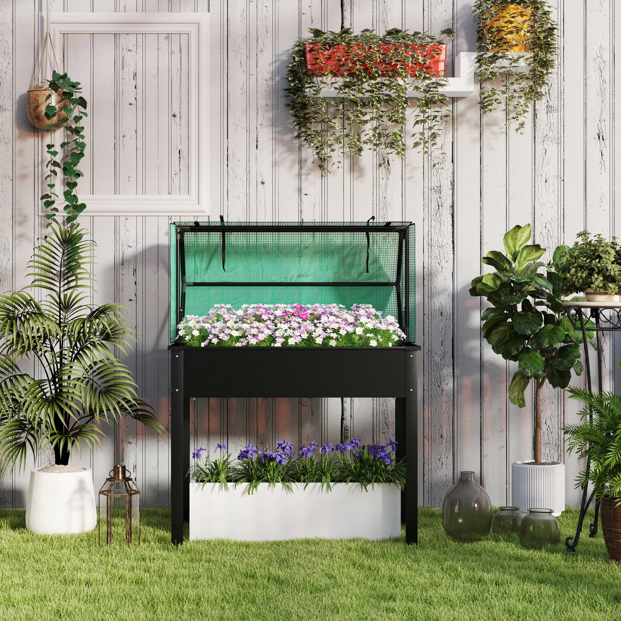 39.4" x 18.9" x 49.6" Raised Garden Bed with Flip-Up PE Greenhouse Cover & Drainage Hole, Black - Image 10