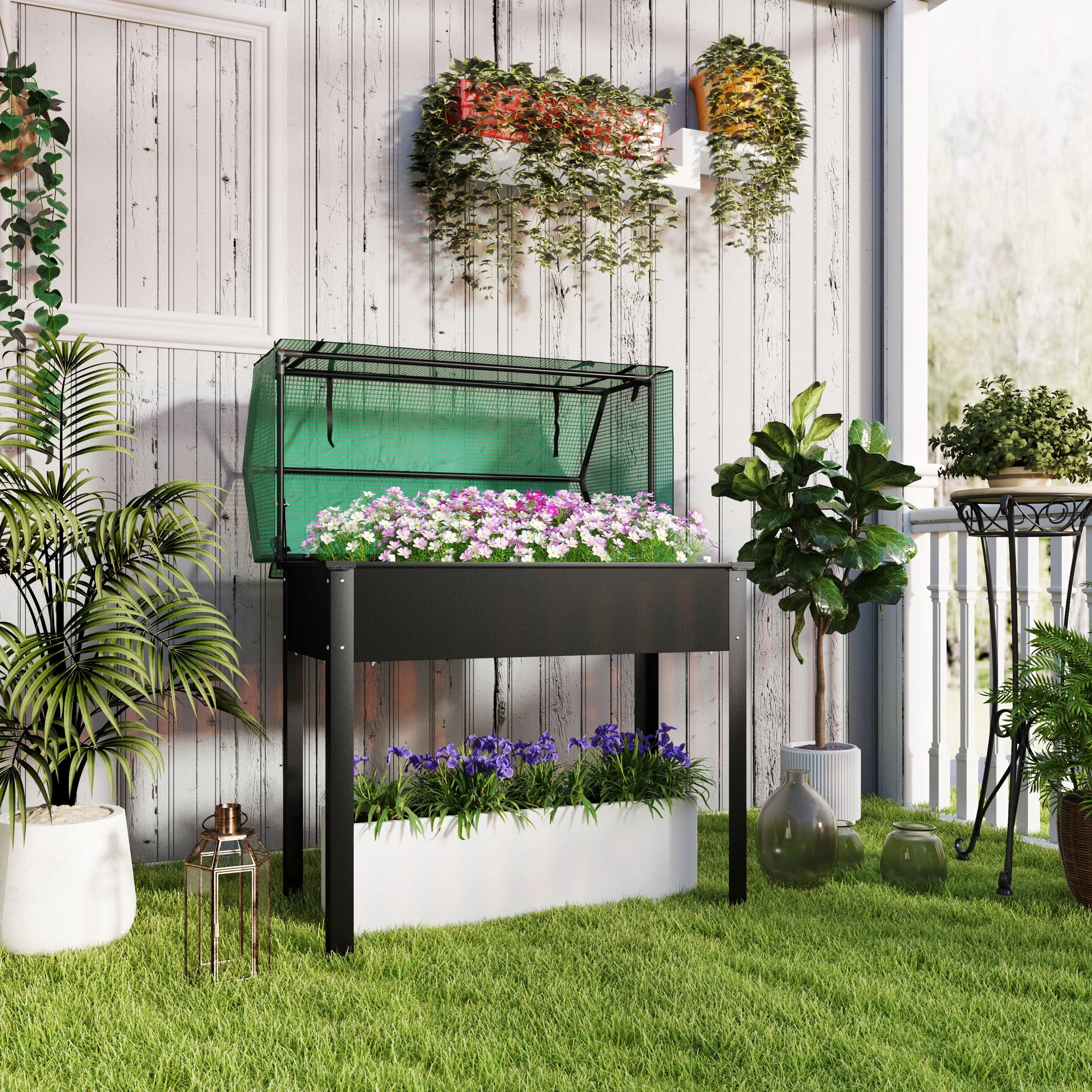 39.4" x 18.9" x 49.6" Raised Garden Bed with Flip-Up PE Greenhouse Cover & Drainage Hole, Black - Image 3