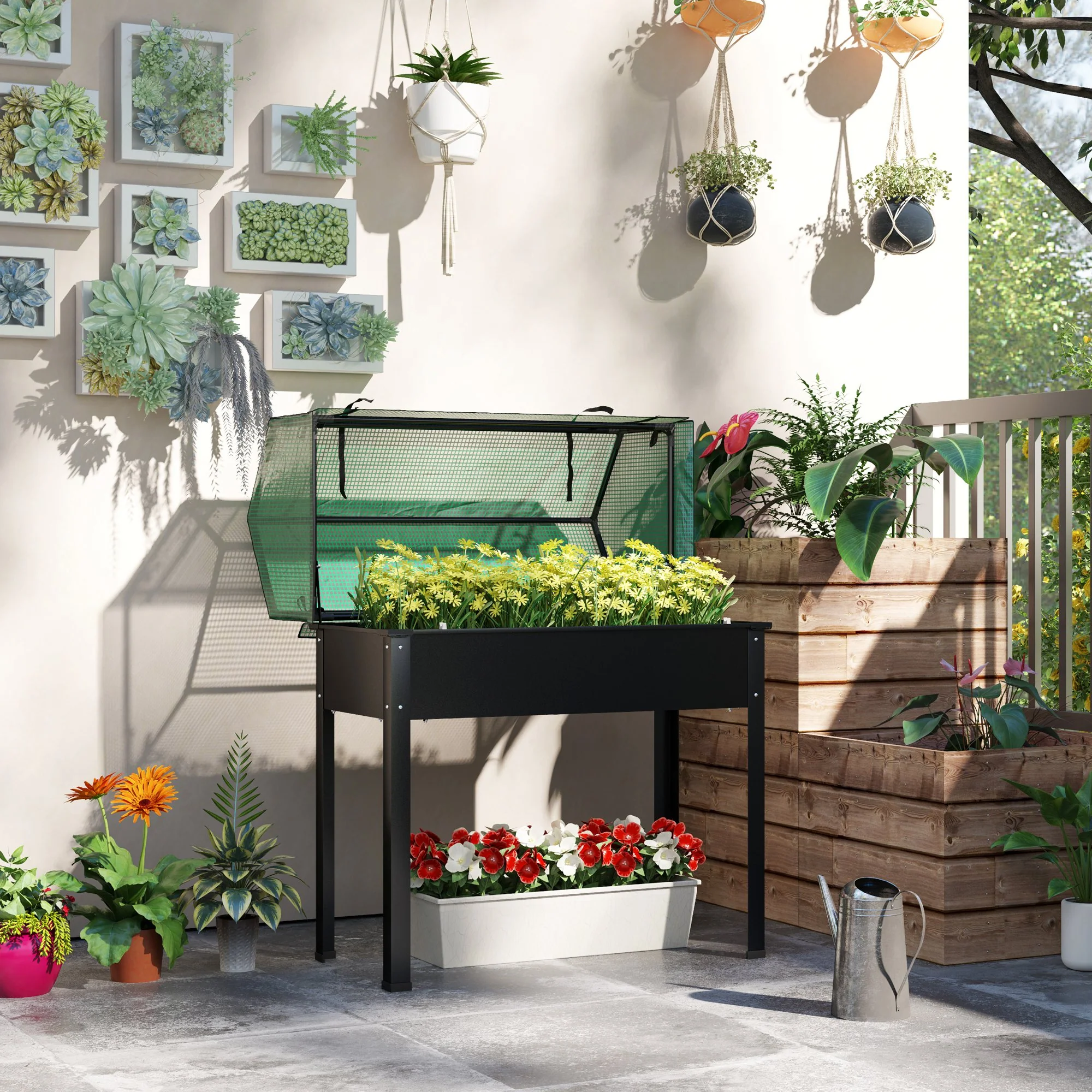 39.4" x 18.9" x 49.6" Raised Garden Bed with Flip-Up PE Greenhouse Cover & Drainage Hole, Black - Image 4