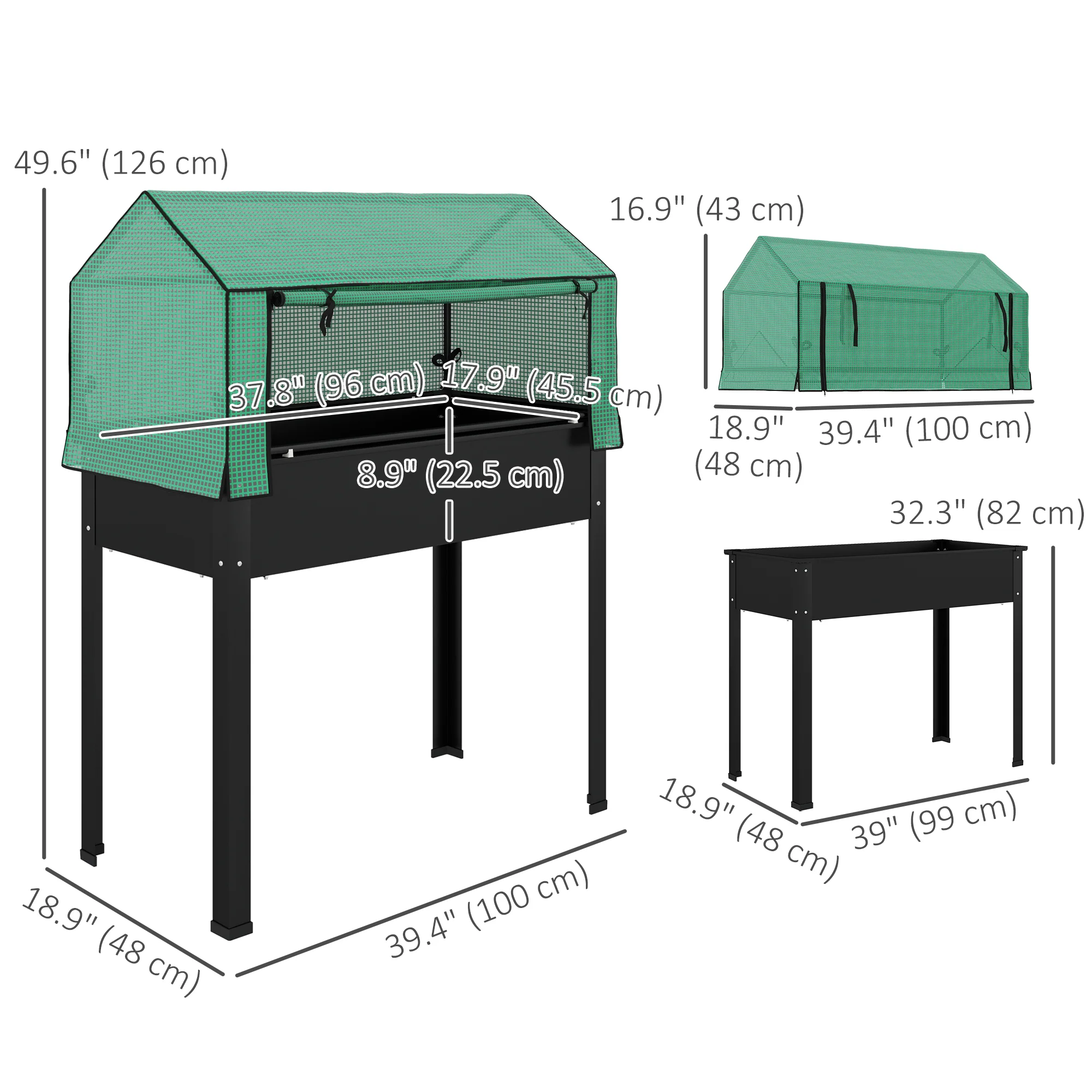 39.4" x 18.9" x 49.6" Raised Garden Bed with Flip-Up PE Greenhouse Cover & Drainage Hole, Black - Image 5