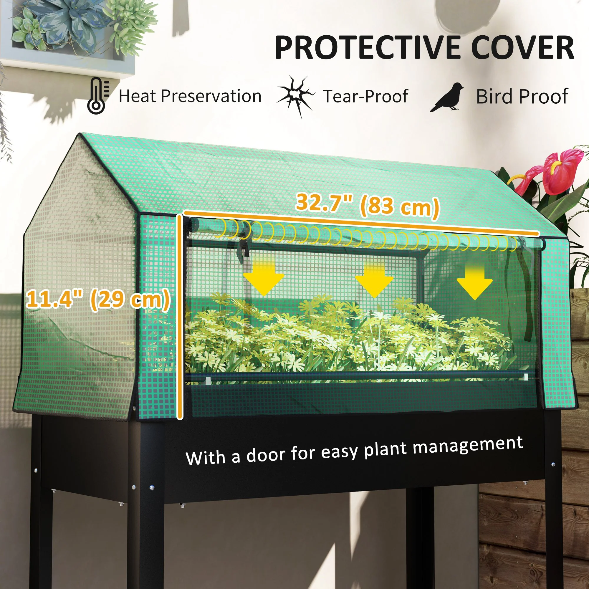 39.4" x 18.9" x 49.6" Raised Garden Bed with Flip-Up PE Greenhouse Cover & Drainage Hole, Black - Image 6