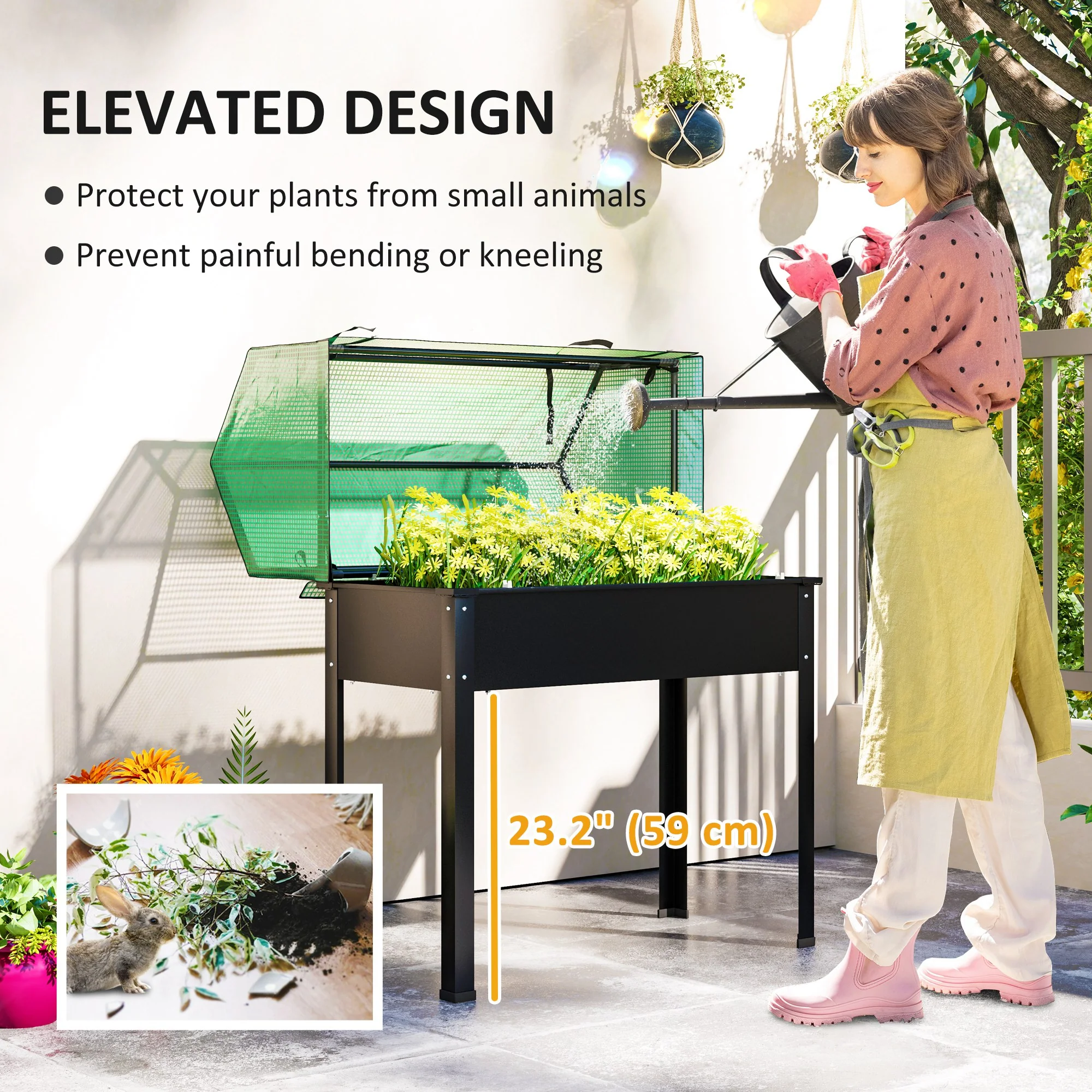 39.4" x 18.9" x 49.6" Raised Garden Bed with Flip-Up PE Greenhouse Cover & Drainage Hole, Black - Image 7