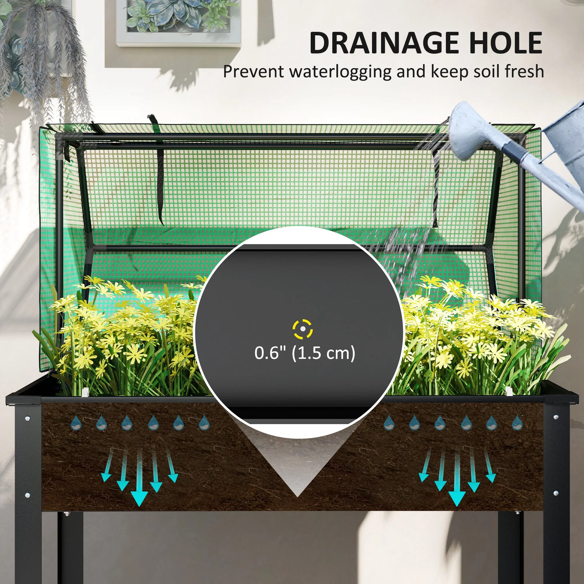 39.4" x 18.9" x 49.6" Raised Garden Bed with Flip-Up PE Greenhouse Cover & Drainage Hole, Black - Image 8