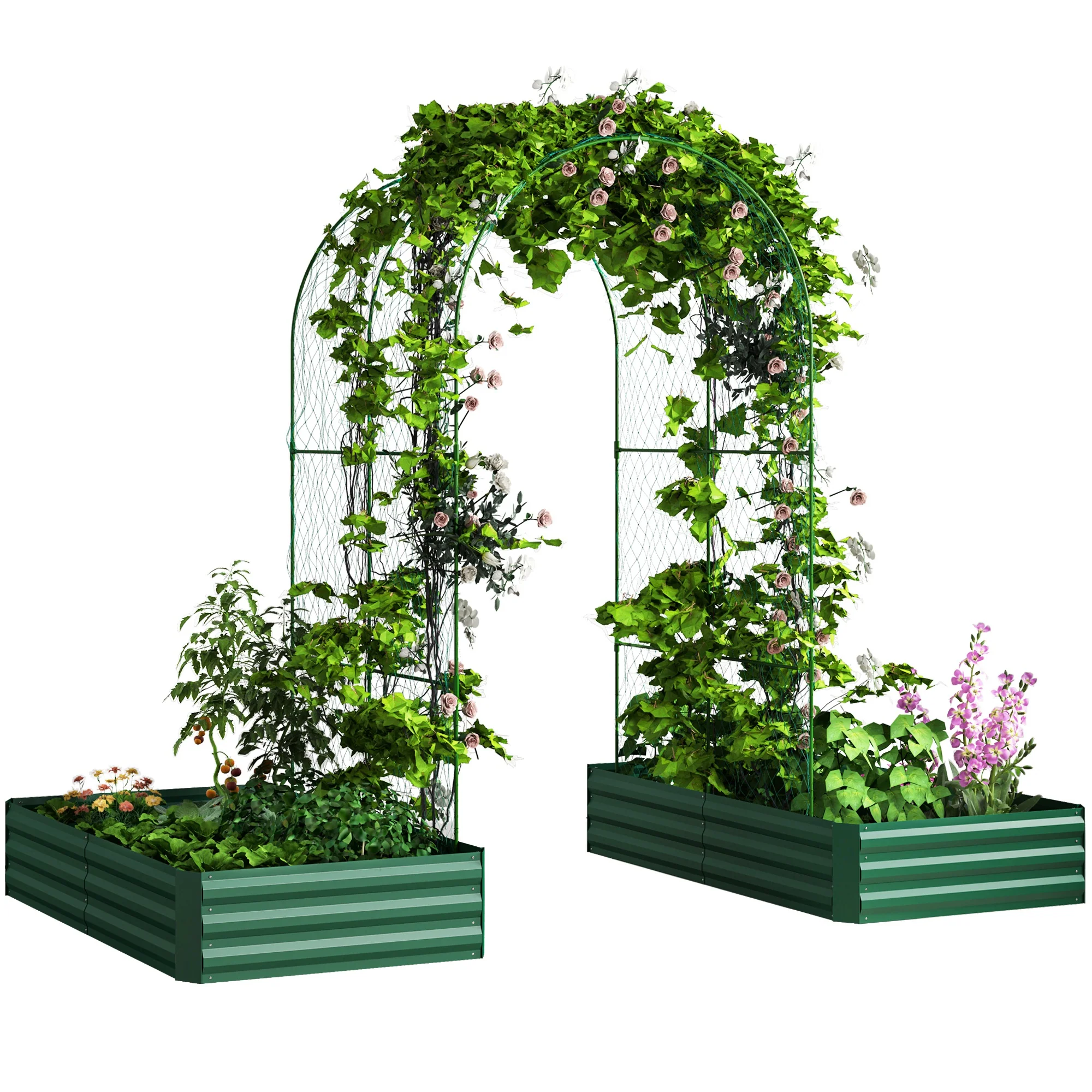 Galvanized Raised Garden Bed with Arch Trellis for Climbing Plants, Vegetables, Flowers