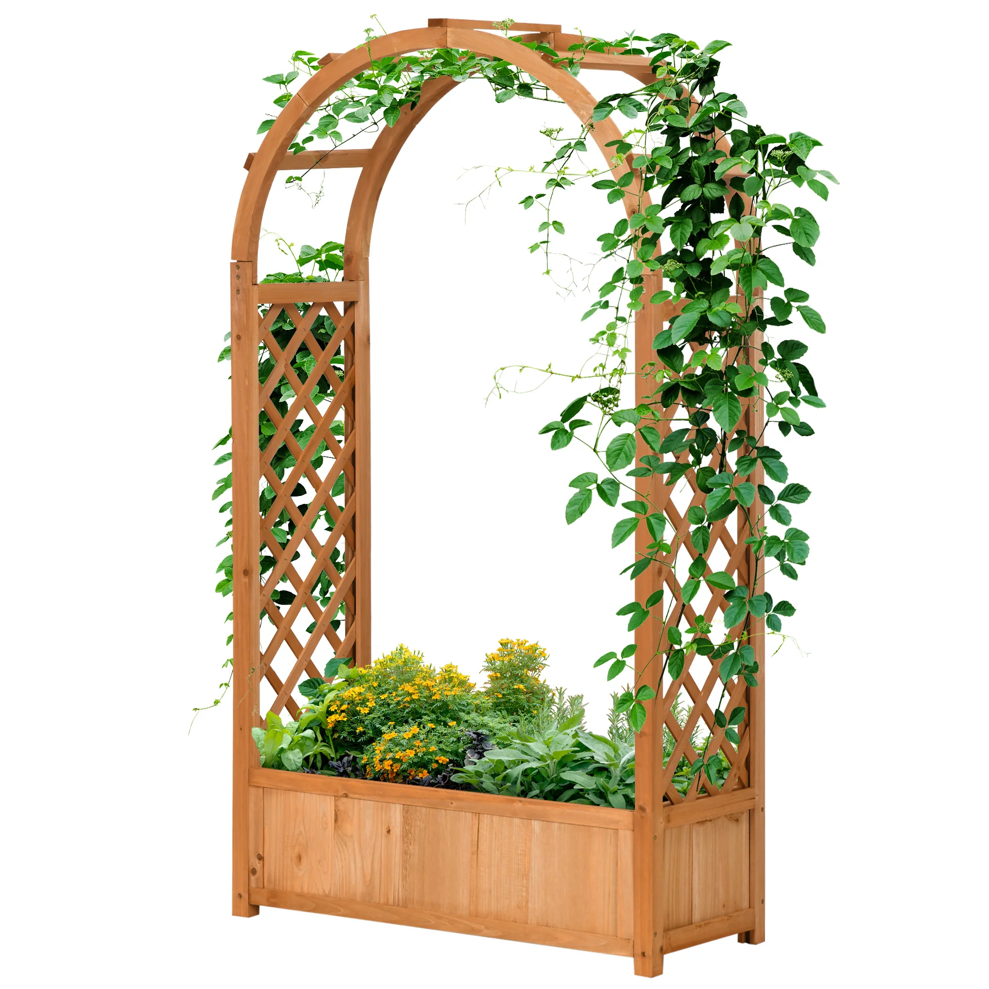 Raised Garden Bed with Arch Trellis, Freestanding Garden Planter Box, Outdoor Planter Container for Vine Climbing Plant Flower Herb, Brown - Image 2