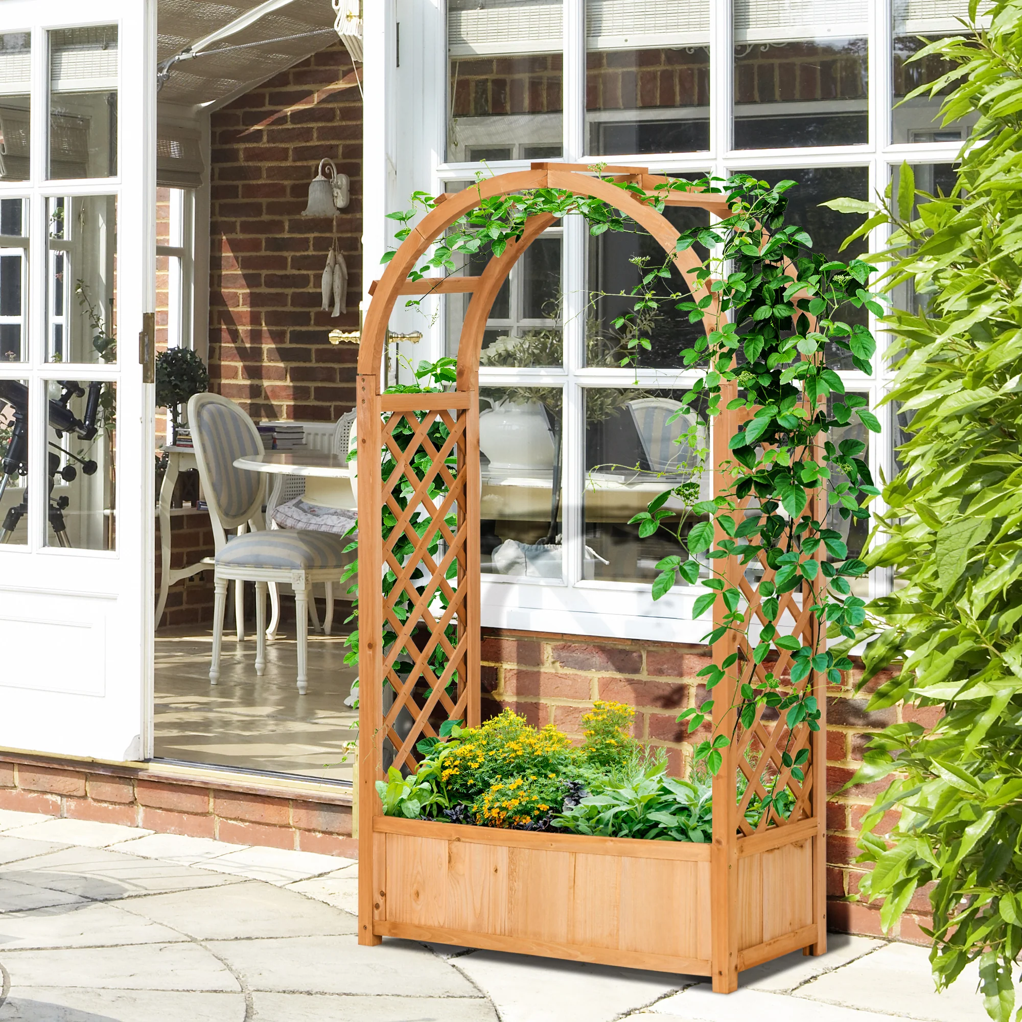 Raised Garden Bed with Arch Trellis, Freestanding Garden Planter Box, Outdoor Planter Container for Vine Climbing Plant Flower Herb, Brown - Image 3