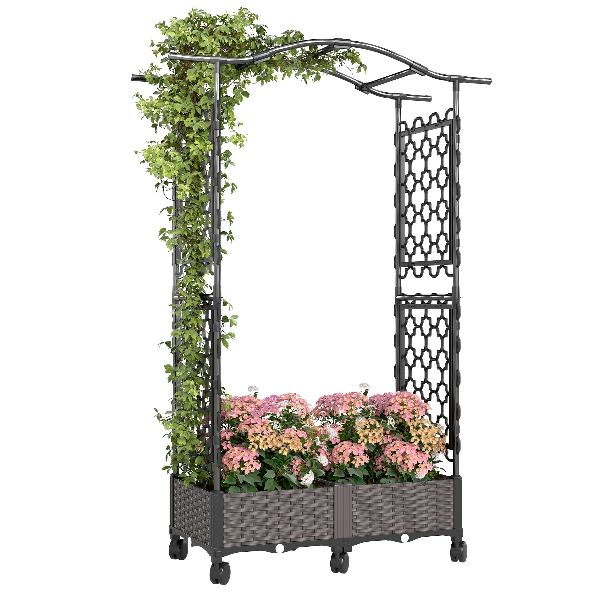 Raised Garden Bed with Arch Trellis, Wheels & Self Watering Planter