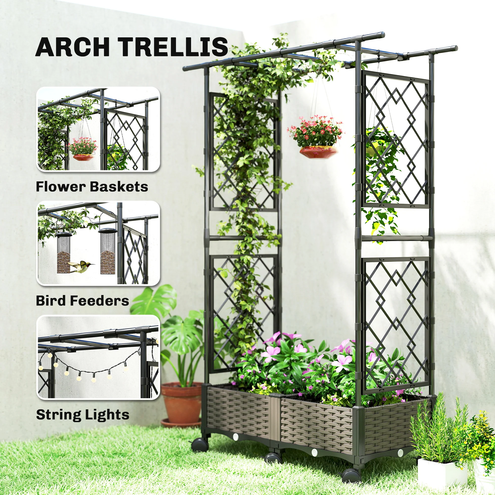 Raised Garden Bed with Arch Trellis, Wheels and Self-Watering Design - Image 6