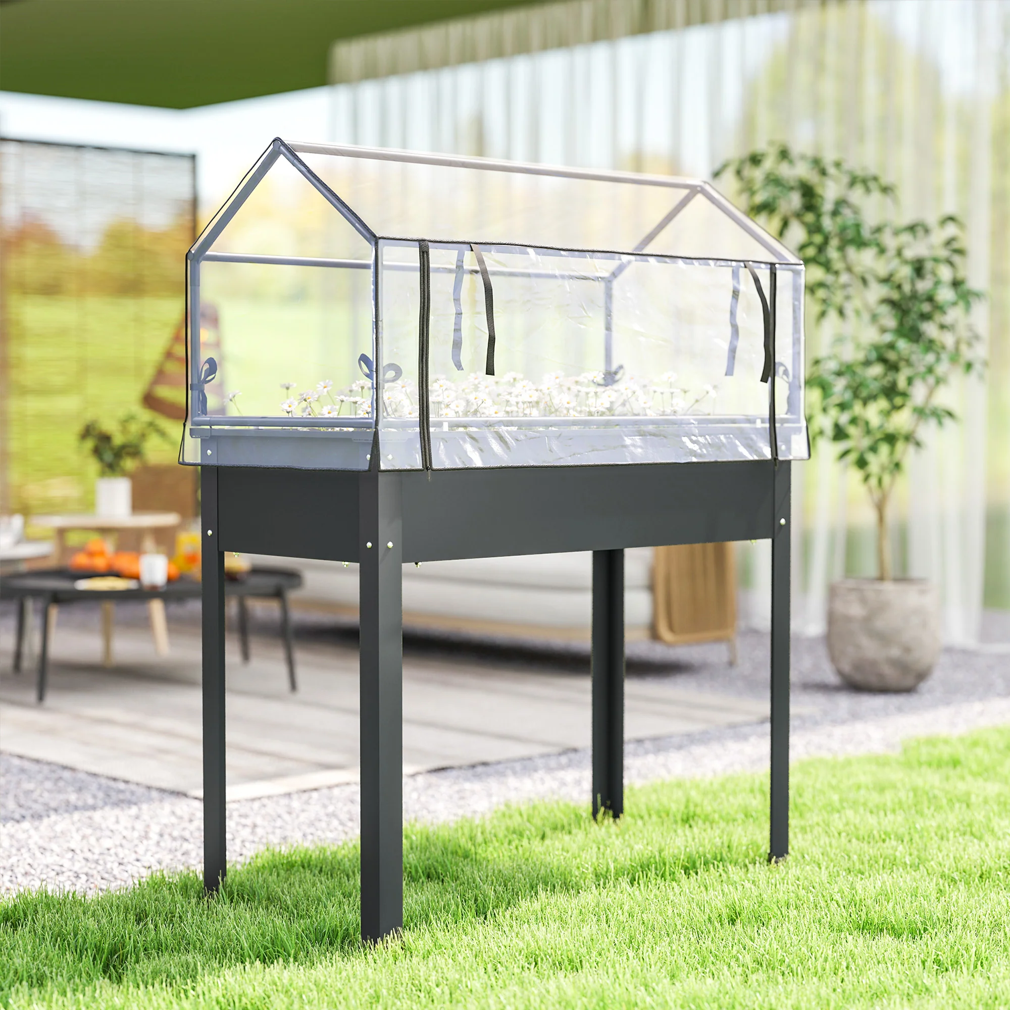 39.4" x 18.9" x 48.8" Raised Garden Bed with Cover, Dark Gray - Image 10