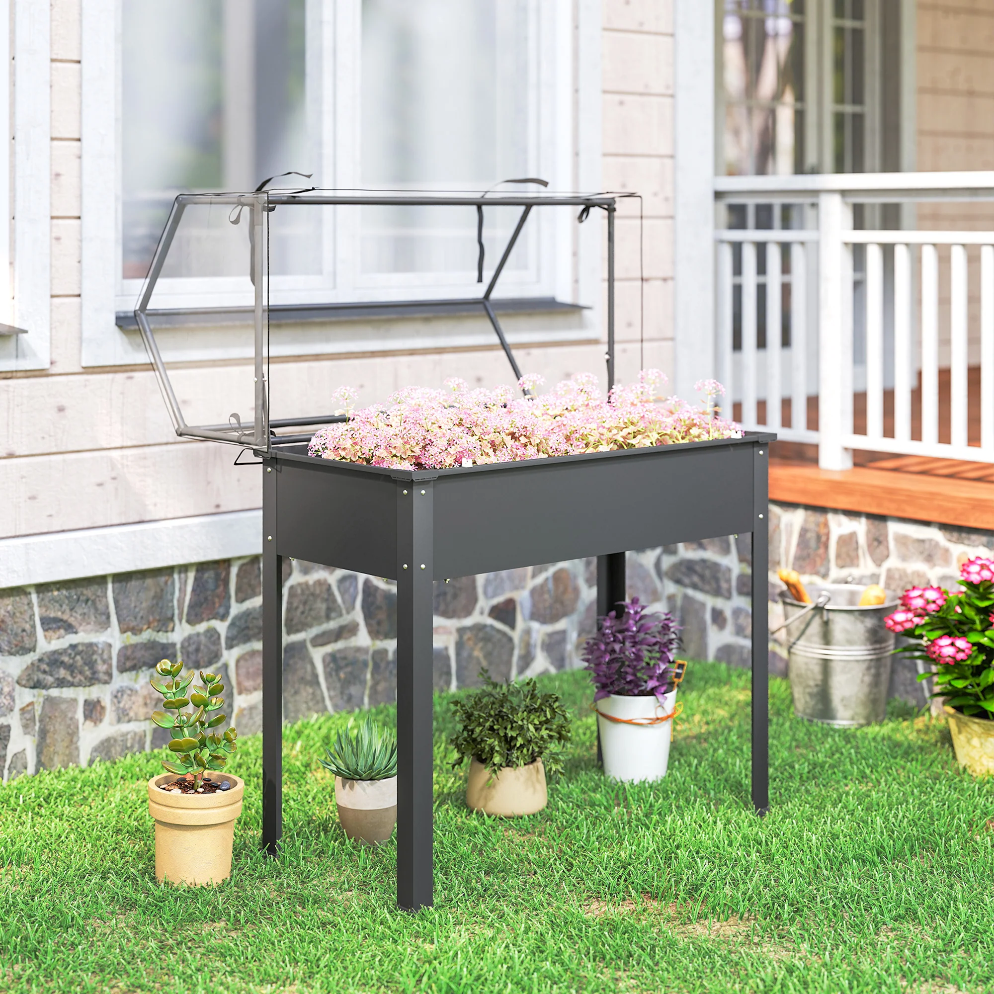 39.4" x 18.9" x 48.8" Raised Garden Bed with Cover, Dark Gray - Image 11