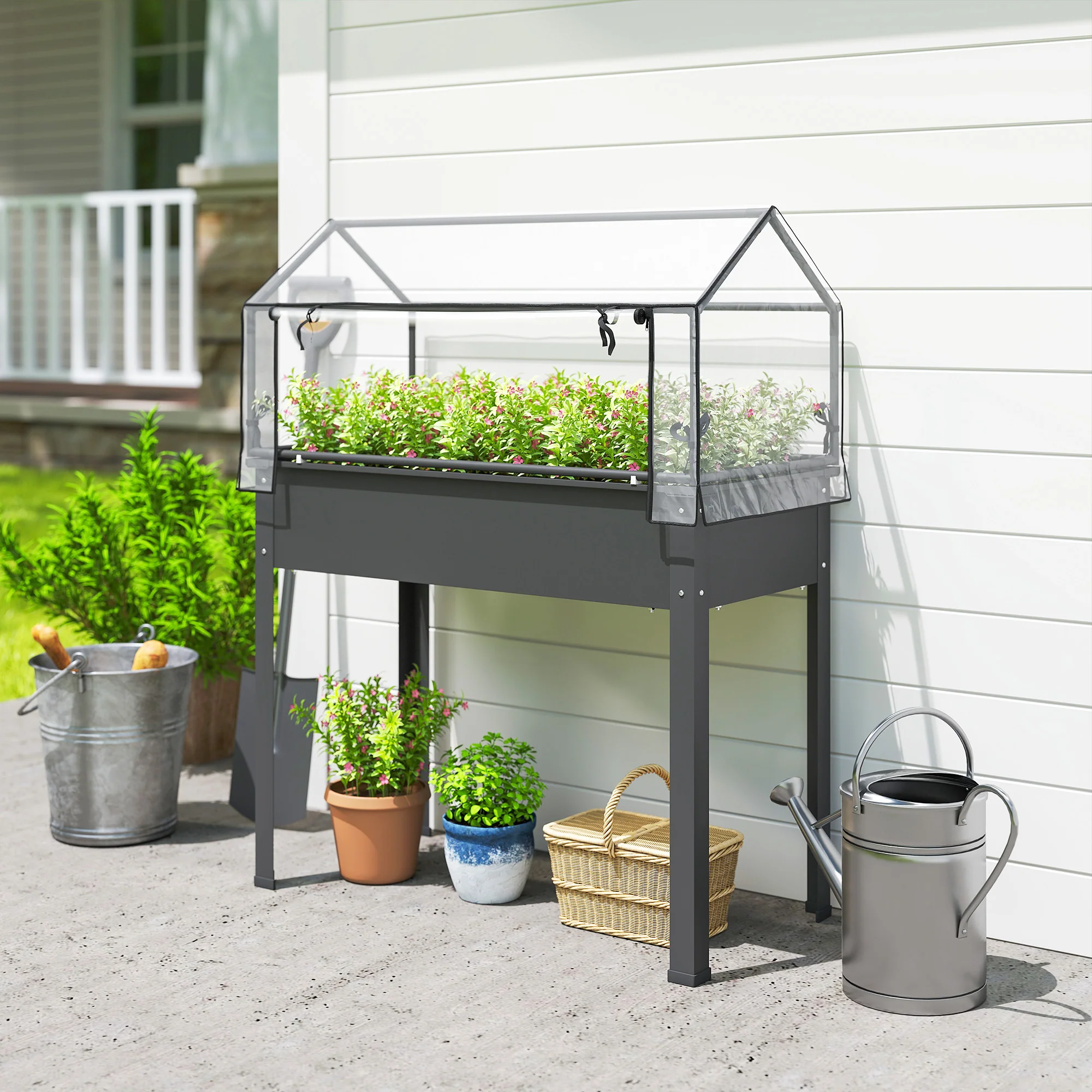 39.4" x 18.9" x 48.8" Raised Garden Bed with Cover, Dark Gray - Image 3