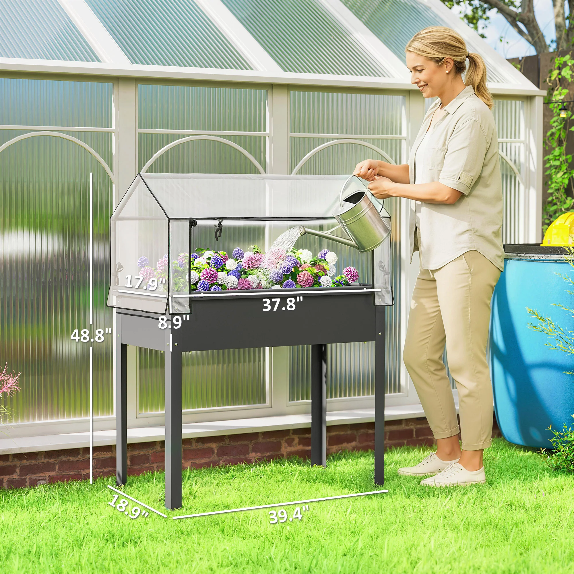 39.4" x 18.9" x 48.8" Raised Garden Bed with Cover, Dark Gray - Image 5