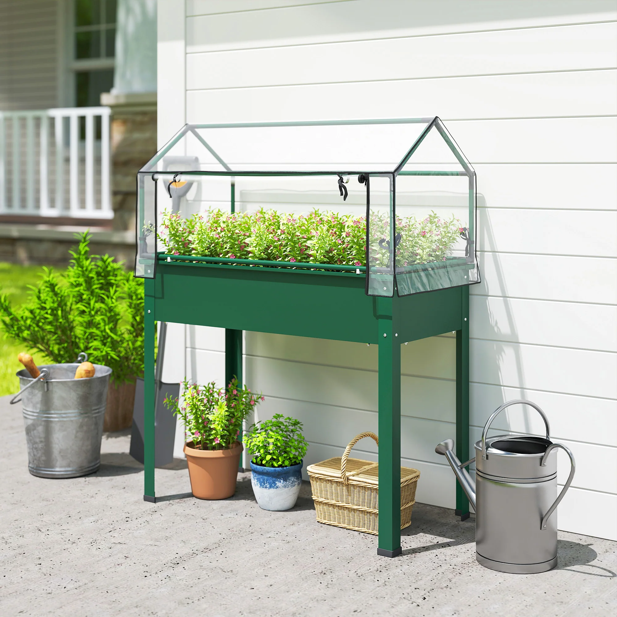 39.4" x 18.9" x 48.8" Raised Garden Bed with Cover, Green - Image 3