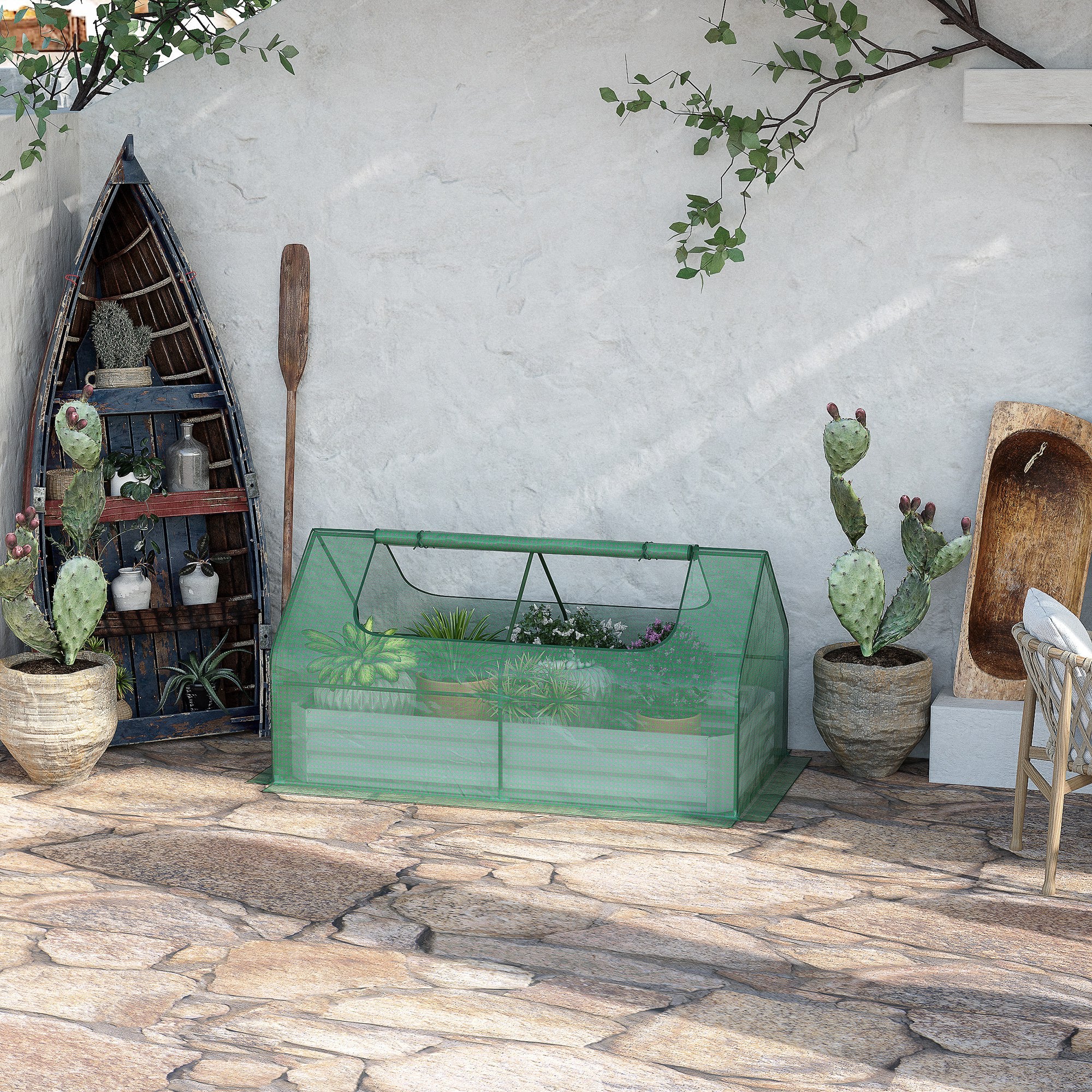 Raised Garden Bed with Greenhouse & Roll Up Window, 185L x 95W x 92H cm, Green - Image 3
