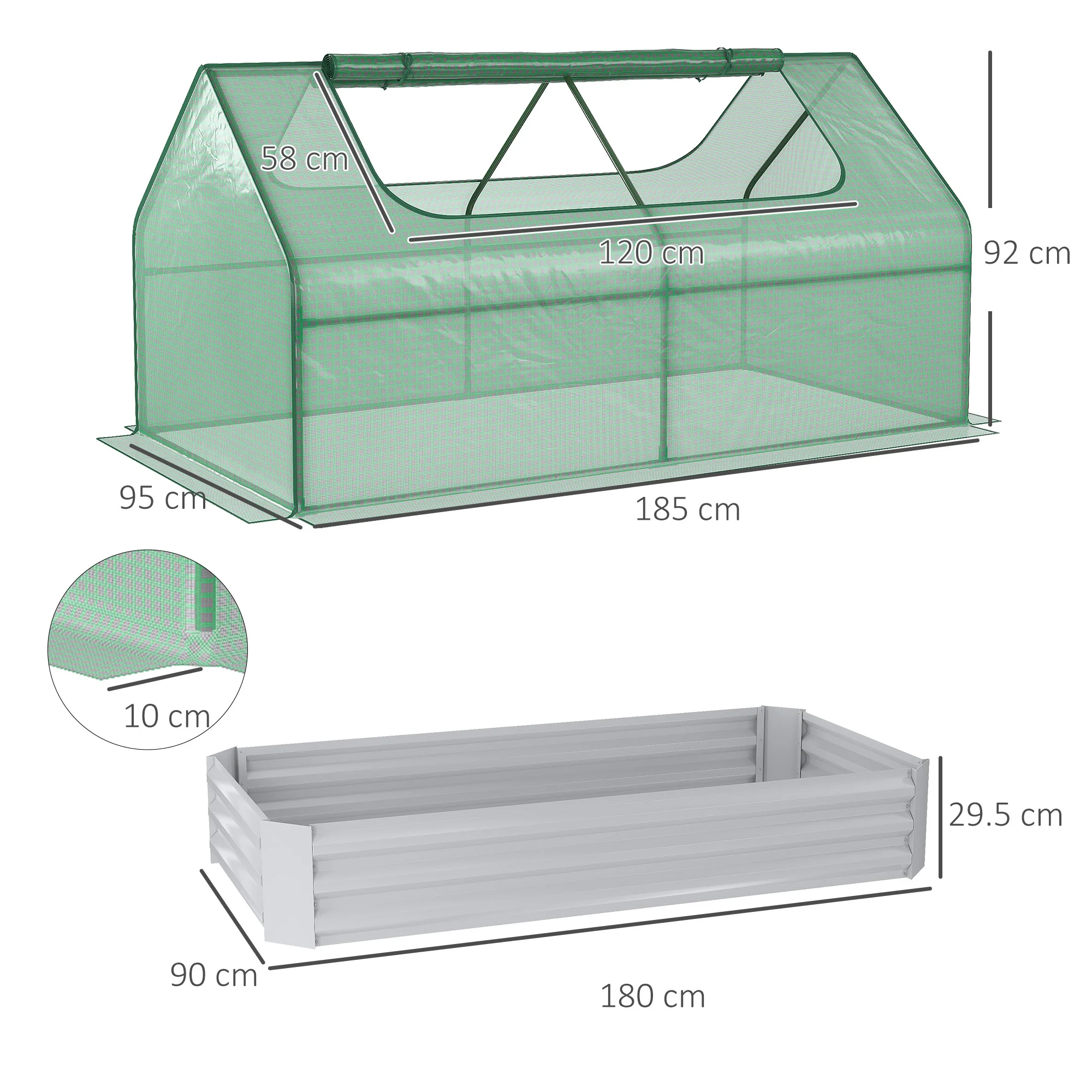 Raised Garden Bed with Greenhouse & Roll Up Window, 185L x 95W x 92H cm, Green - Image 5