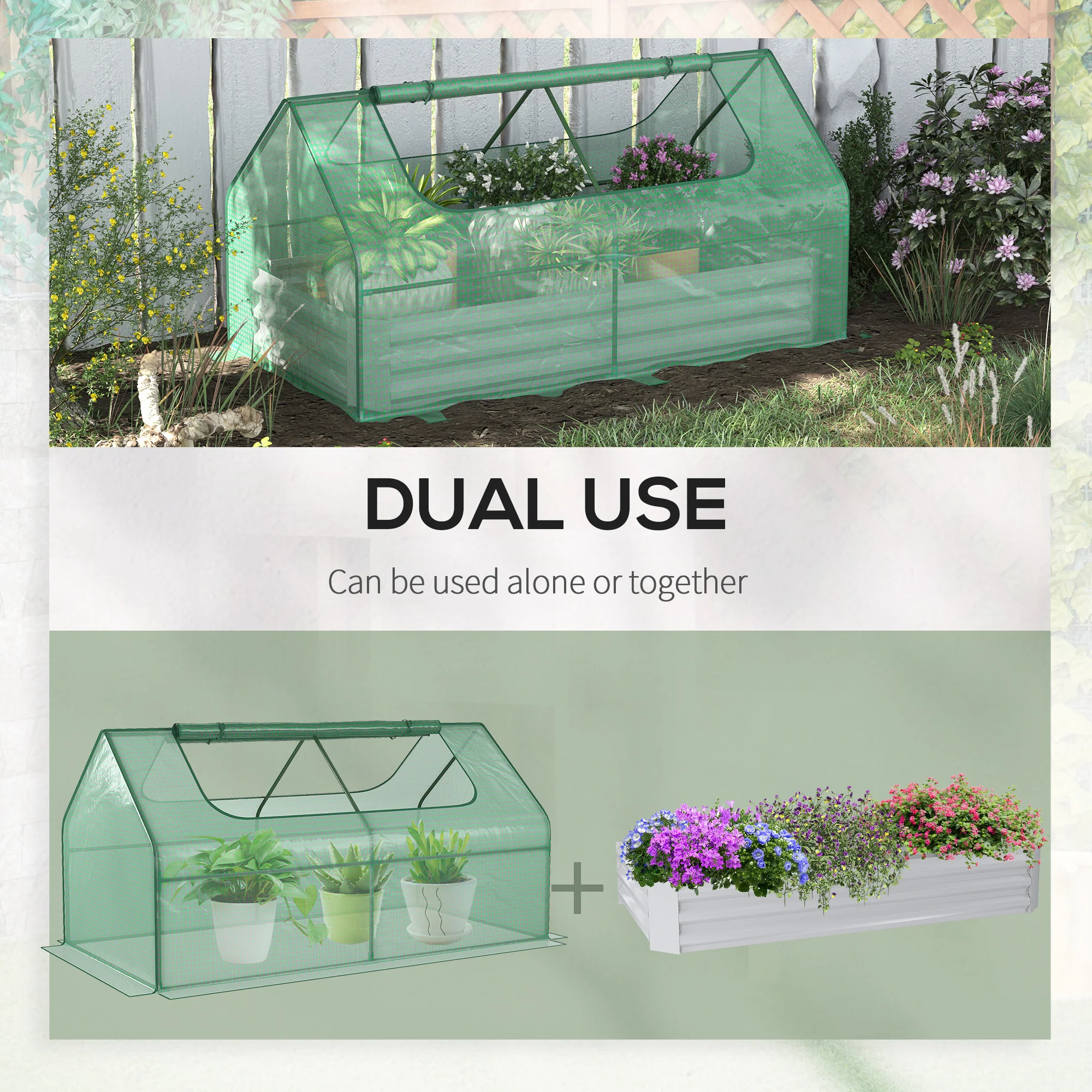Raised Garden Bed with Greenhouse & Roll Up Window, 185L x 95W x 92H cm, Green - Image 6