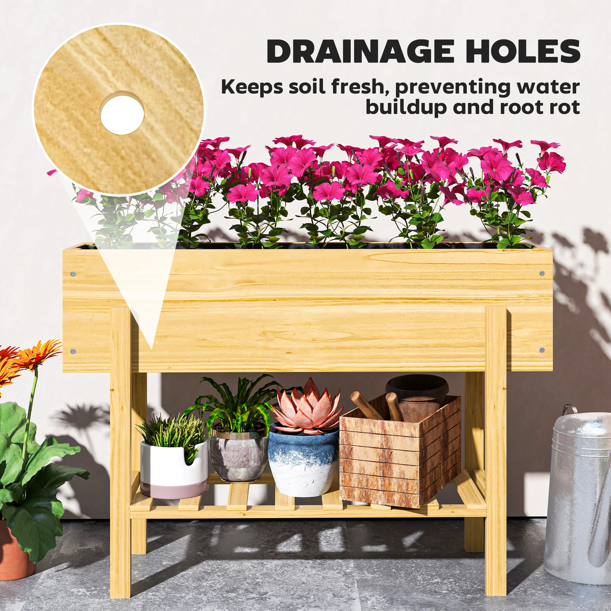 39" x 12" x 28" Elevated Wooden Garden Bed with Legs, Storage Shelf, Drainage Holes, Natural Wood - Image 7