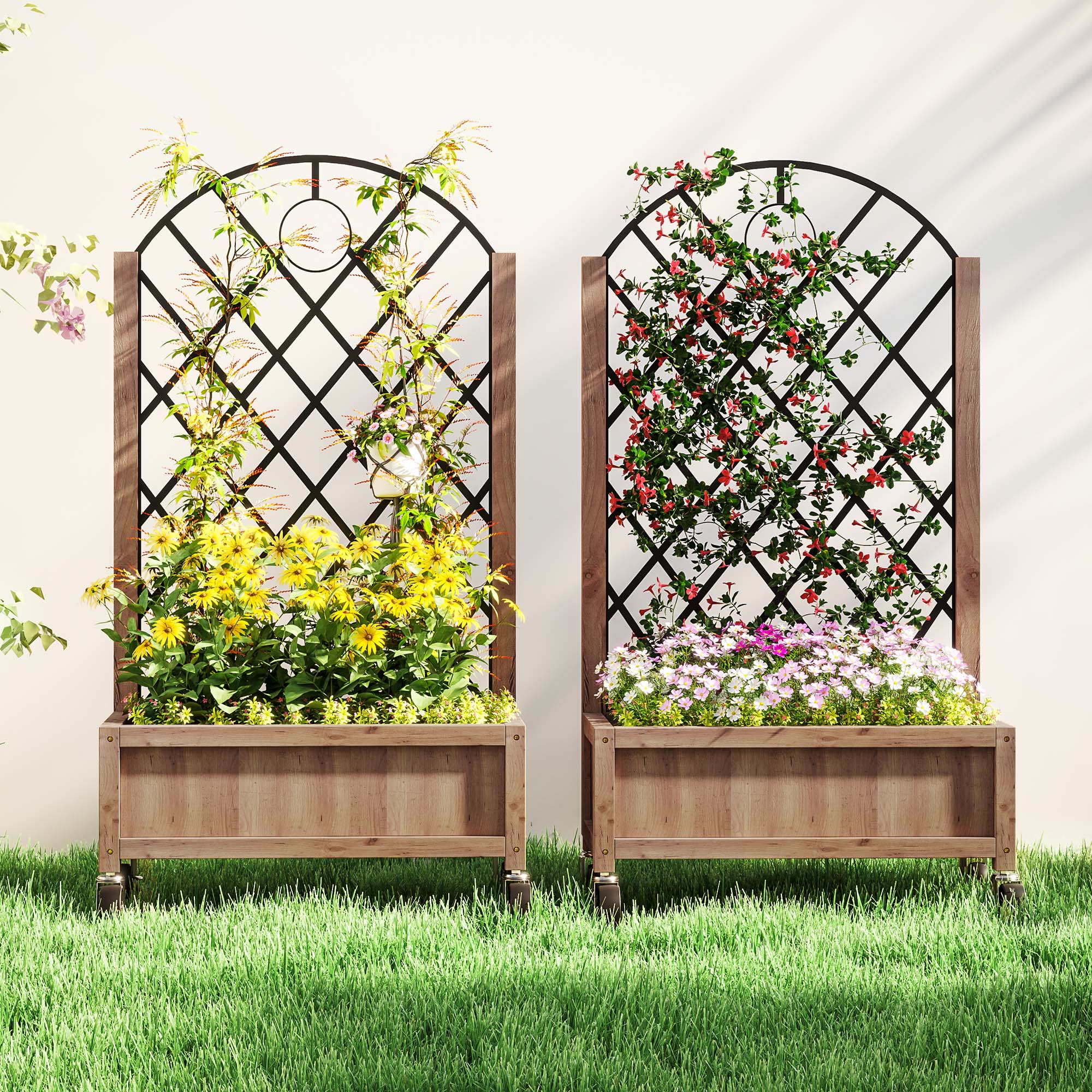 Raised Garden Bed with Metal Trellis, Pack of 2 Wooden Elevated Planter Box with Wheels and Drainage Holes, Outdoor Raised Planter for Climbing Plants, Fruits, Vegetables, Flowers, Brown - Image 10