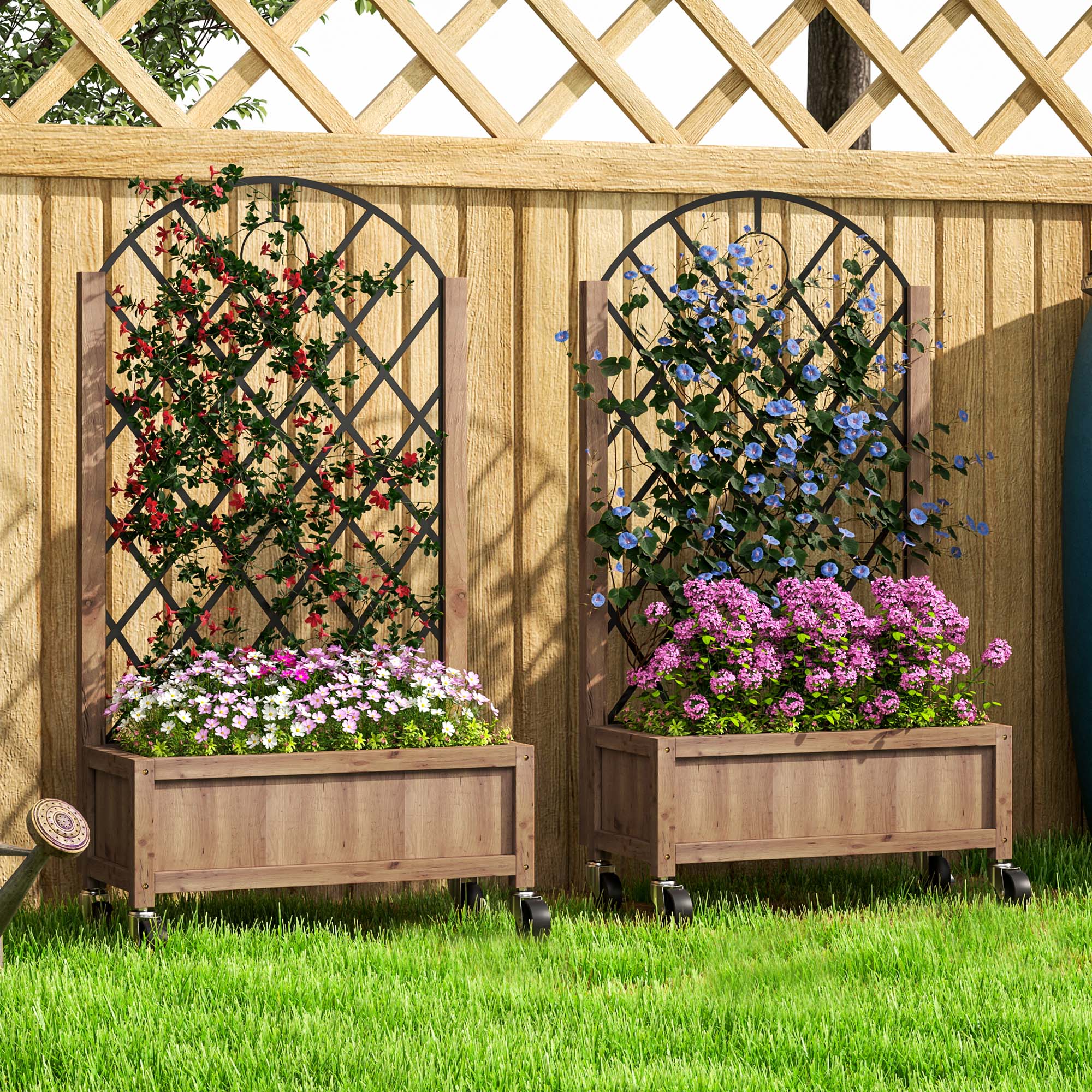 Raised Garden Bed with Metal Trellis, Pack of 2 Wooden Elevated Planter Box with Wheels and Drainage Holes, Outdoor Raised Planter for Climbing Plants, Fruits, Vegetables, Flowers, Brown - Image 11