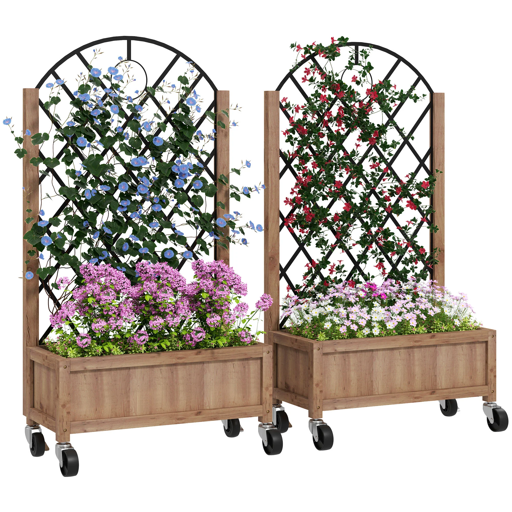 Raised Garden Bed with Metal Trellis, Pack of 2 Wooden Elevated Planter Box with Wheels and Drainage Holes, Outdoor Raised Planter for Climbing Plants, Fruits, Vegetables, Flowers, Brown - Image 2