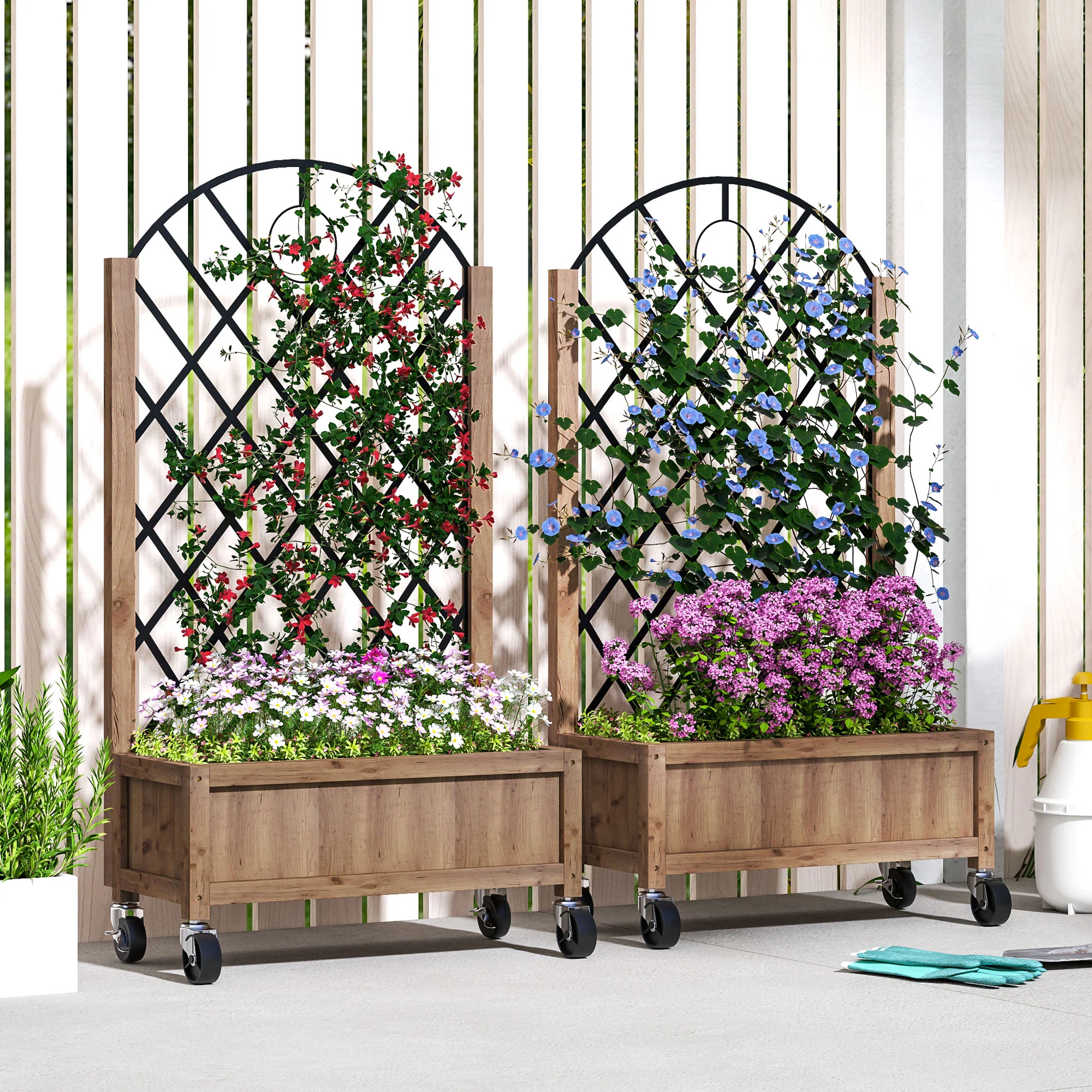 2 Pack Raised Garden Beds with Metal Trellis, Wheels and Drainage, Brown - Image 3