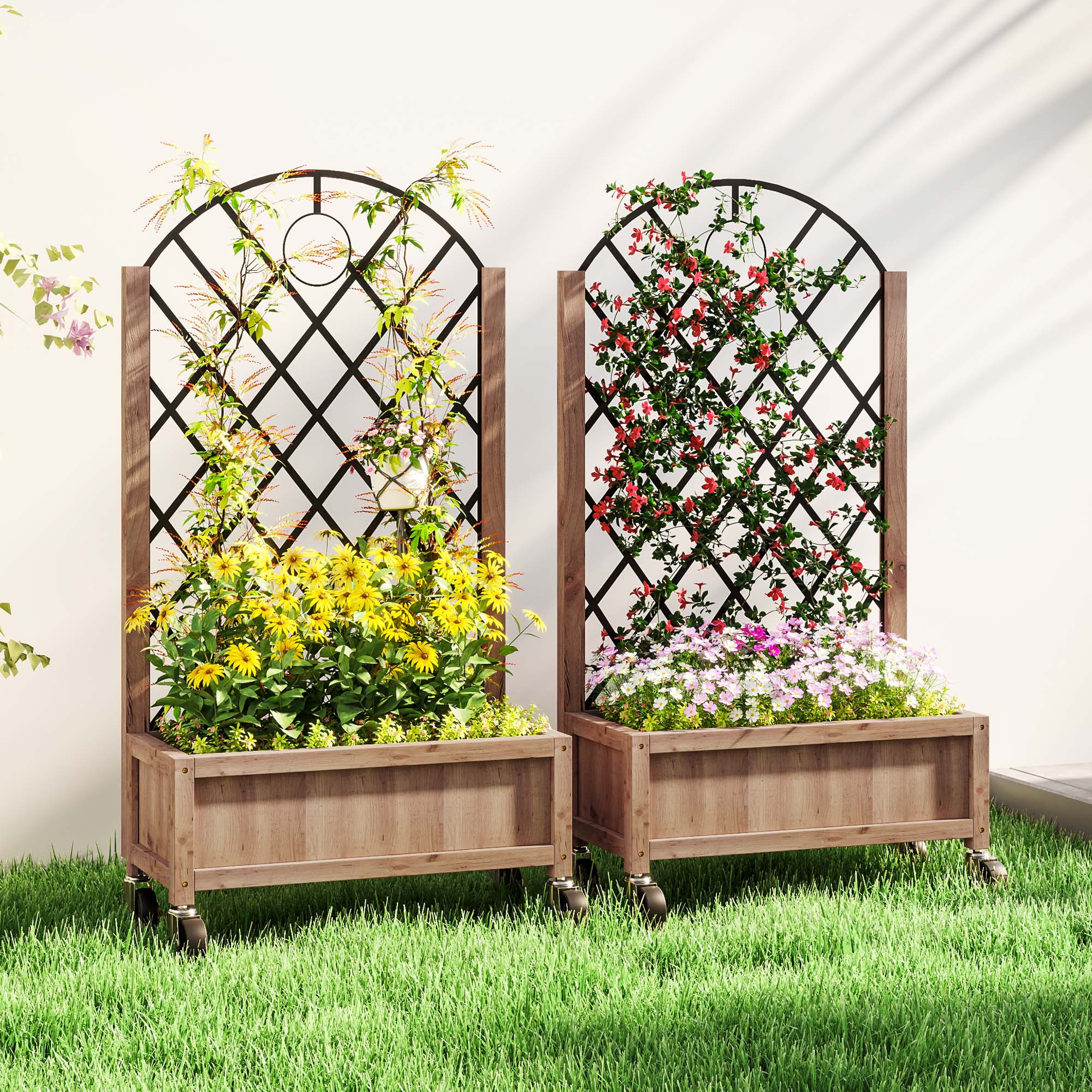 2 Pack Raised Garden Beds with Metal Trellis, Wheels and Drainage, Brown - Image 4