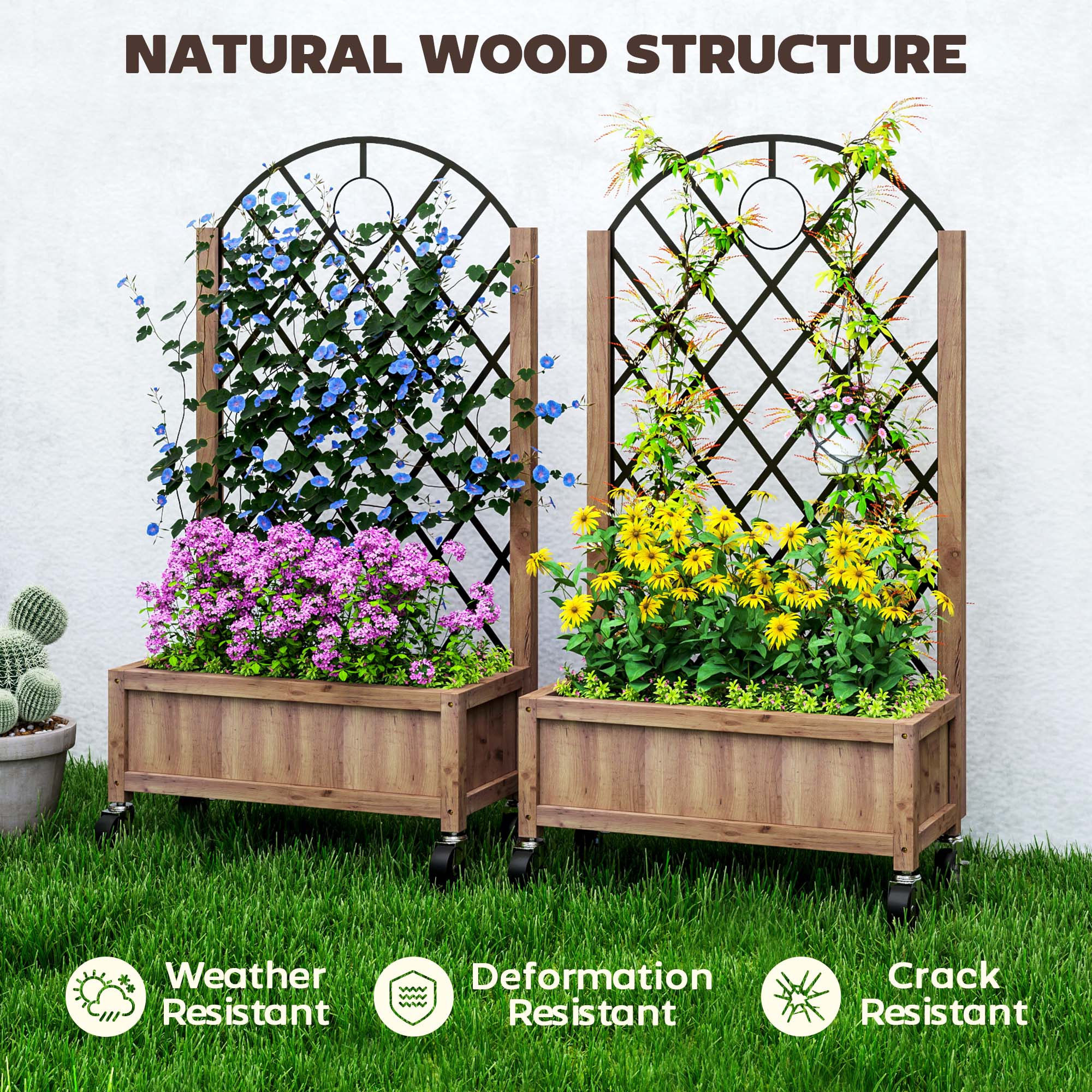 2 Pack Raised Garden Beds with Metal Trellis, Wheels and Drainage, Brown - Image 9