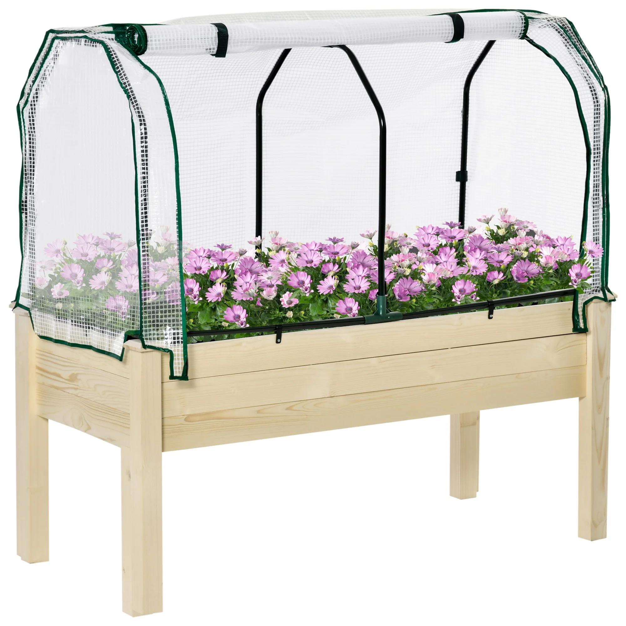 Raised Garden Bed with PE Greenhouse Cover for Herbs and Vegetables, Nature Wood Finish