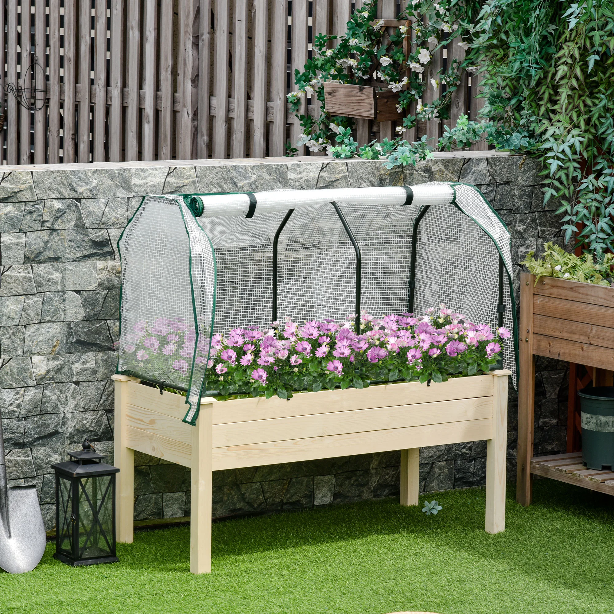 Raised Garden Bed with PE Greenhouse Cover for Herbs and Vegetables, Nature Wood Finish - Image 3