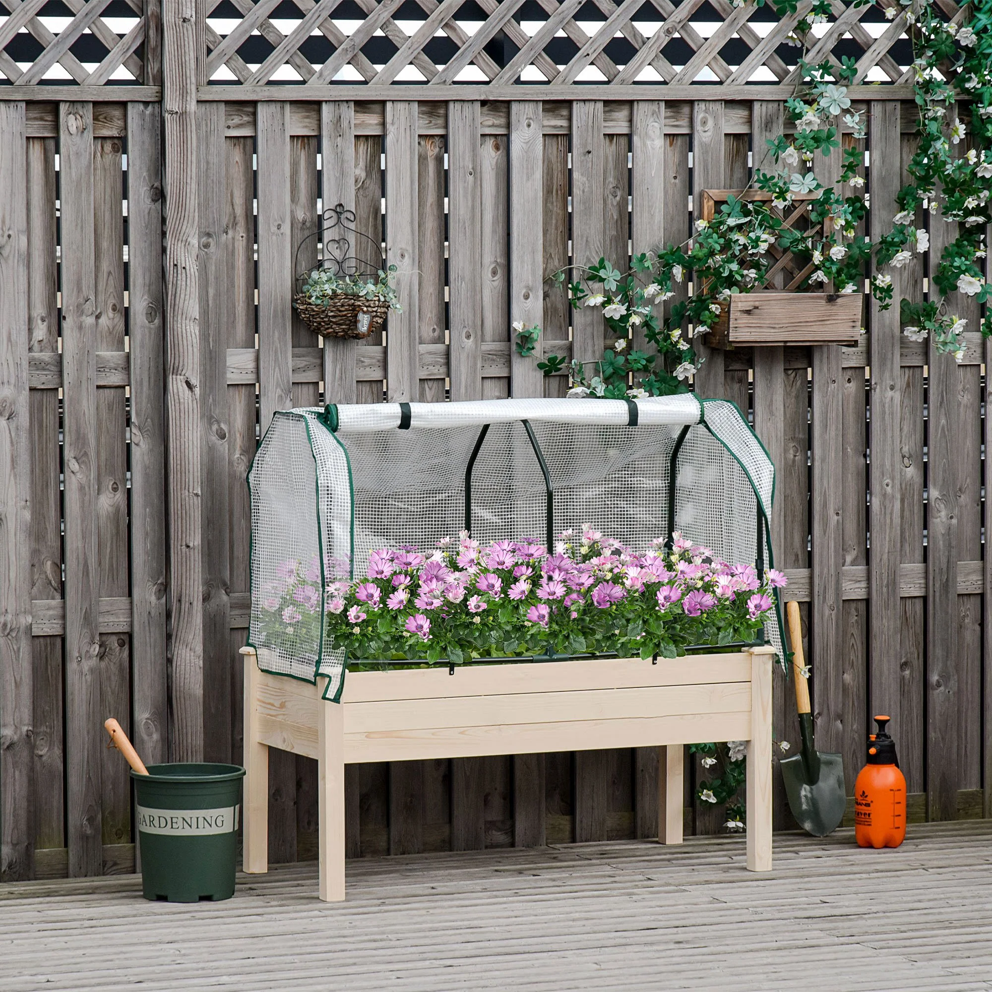 Raised Garden Bed with PE Greenhouse Cover for Herbs and Vegetables, Nature Wood Finish - Image 4