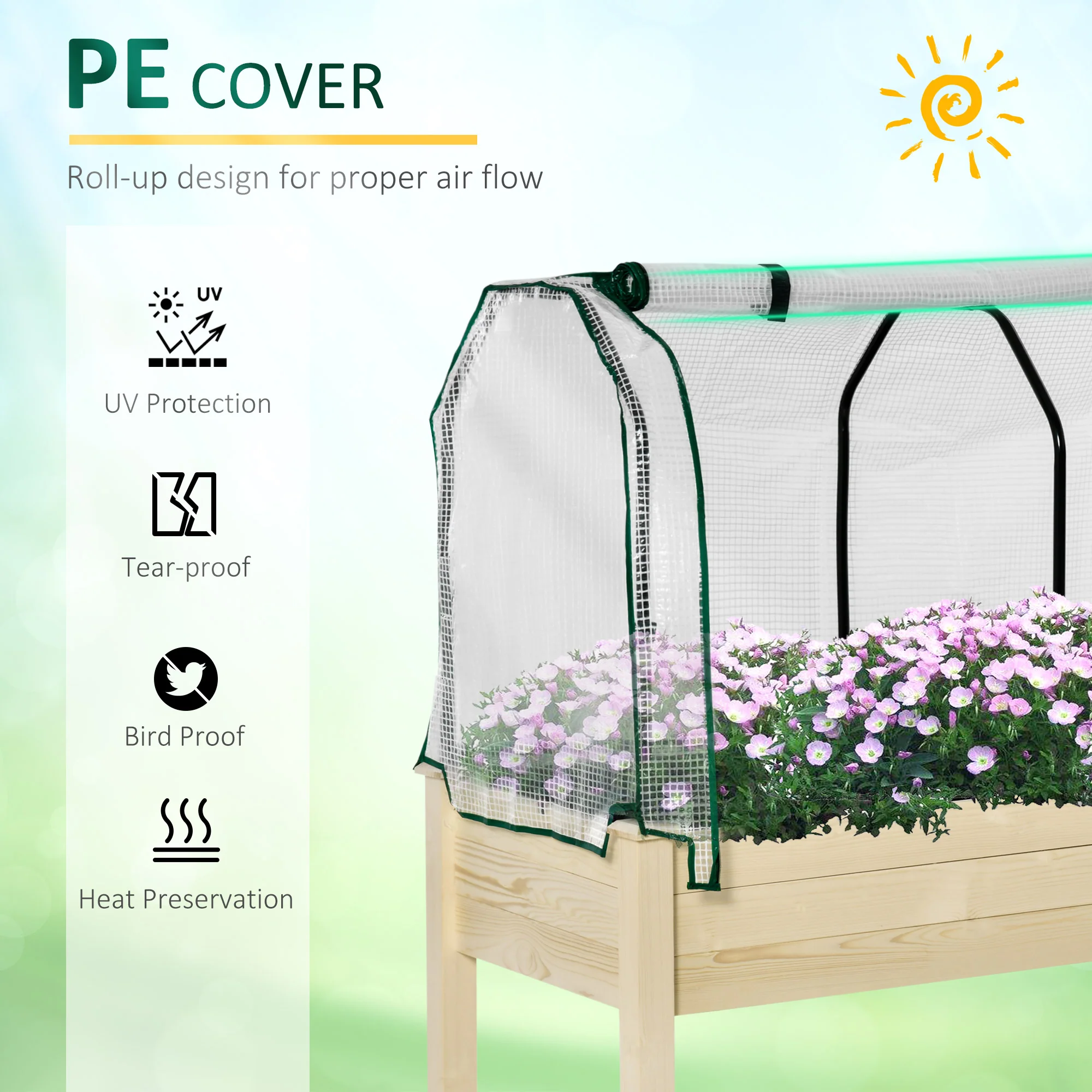 Raised Garden Bed with PE Greenhouse Cover for Herbs and Vegetables, Nature Wood Finish - Image 6