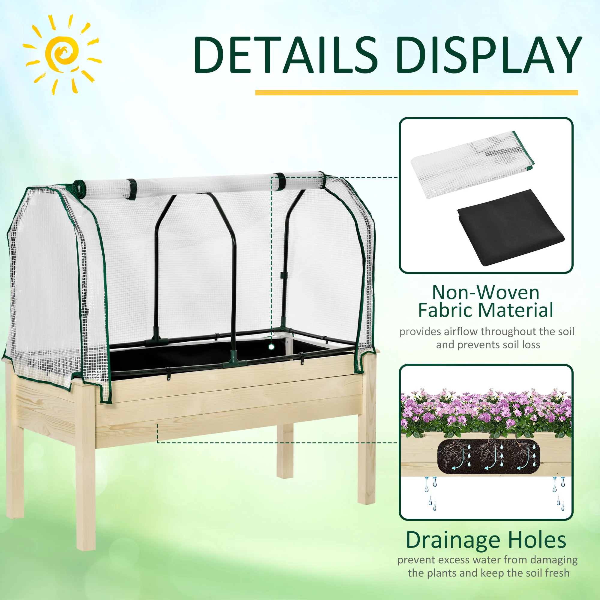 Raised Garden Bed with PE Greenhouse Cover for Herbs and Vegetables, Nature Wood Finish - Image 7
