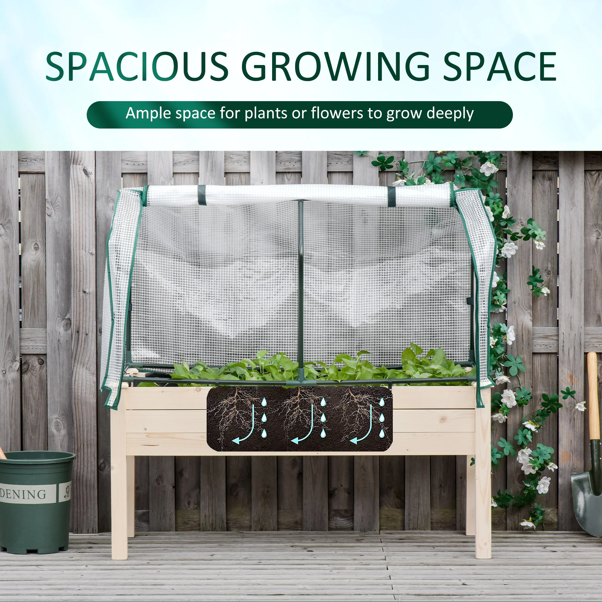 Raised Garden Bed with PE Greenhouse Cover for Herbs and Vegetables, Nature Wood Finish - Image 9