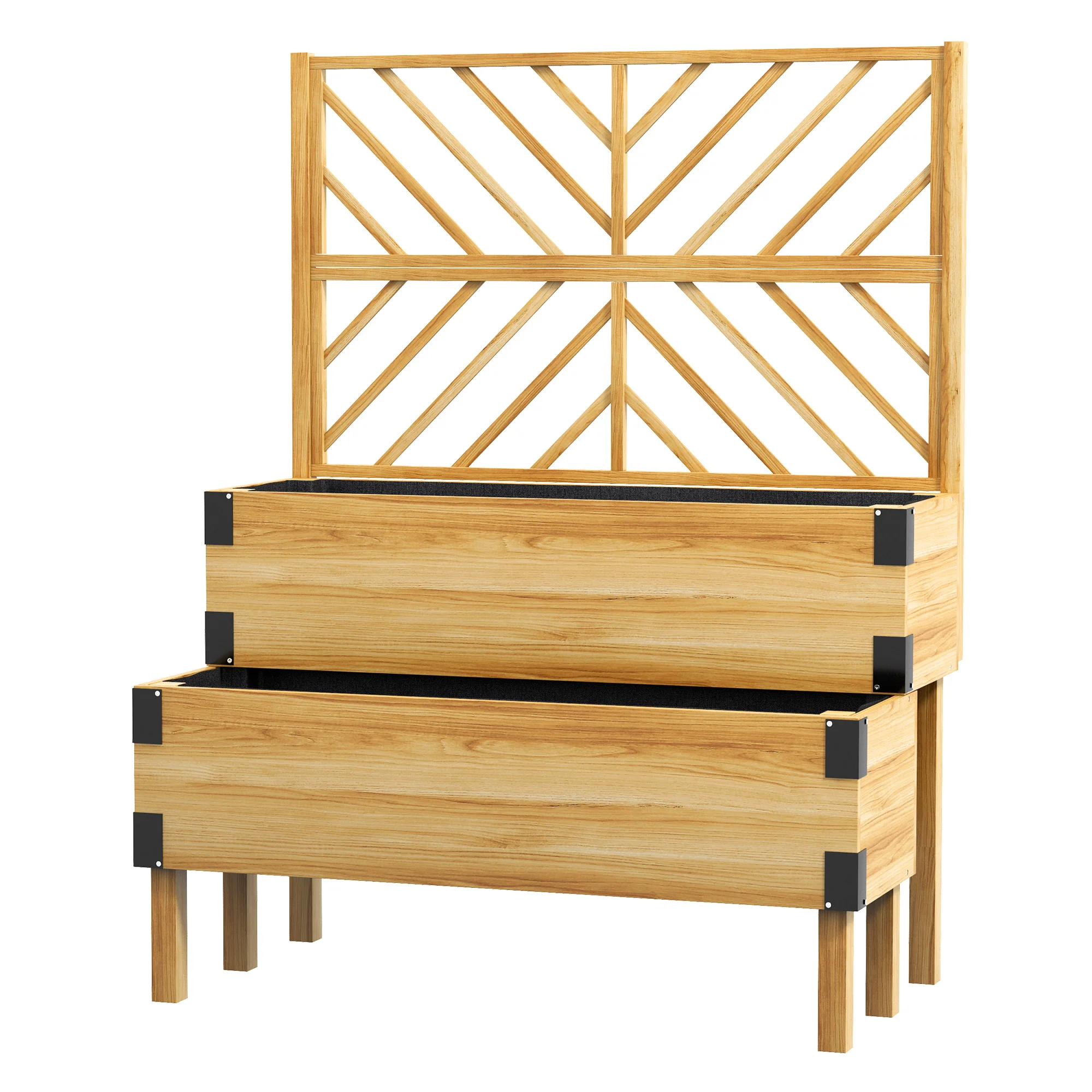2-Tier Raised Garden Bed with Trellis & Metal Corners, Natural Wood - Image 2