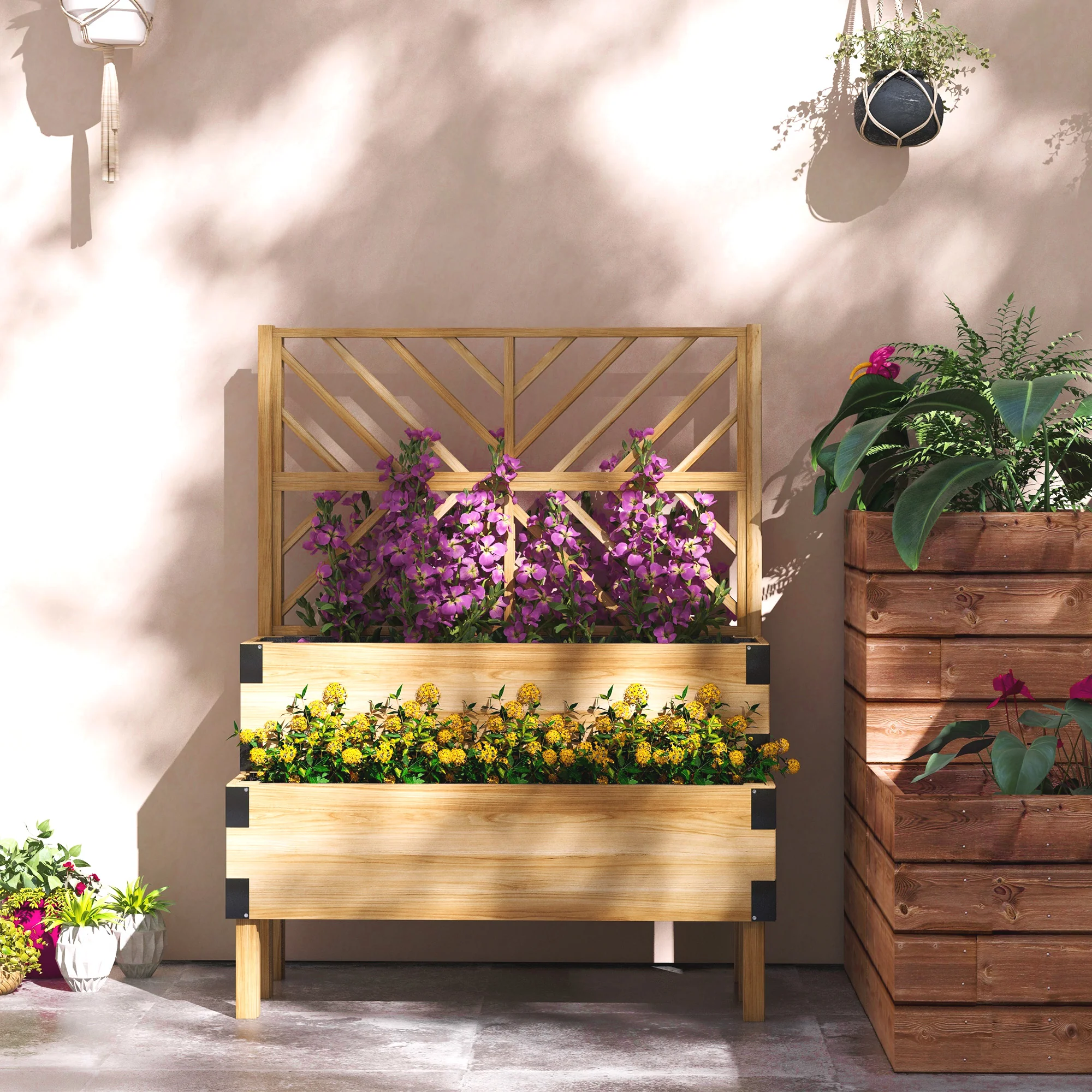 2-Tier Raised Garden Bed with Trellis & Metal Corners, Natural Wood - Image 3