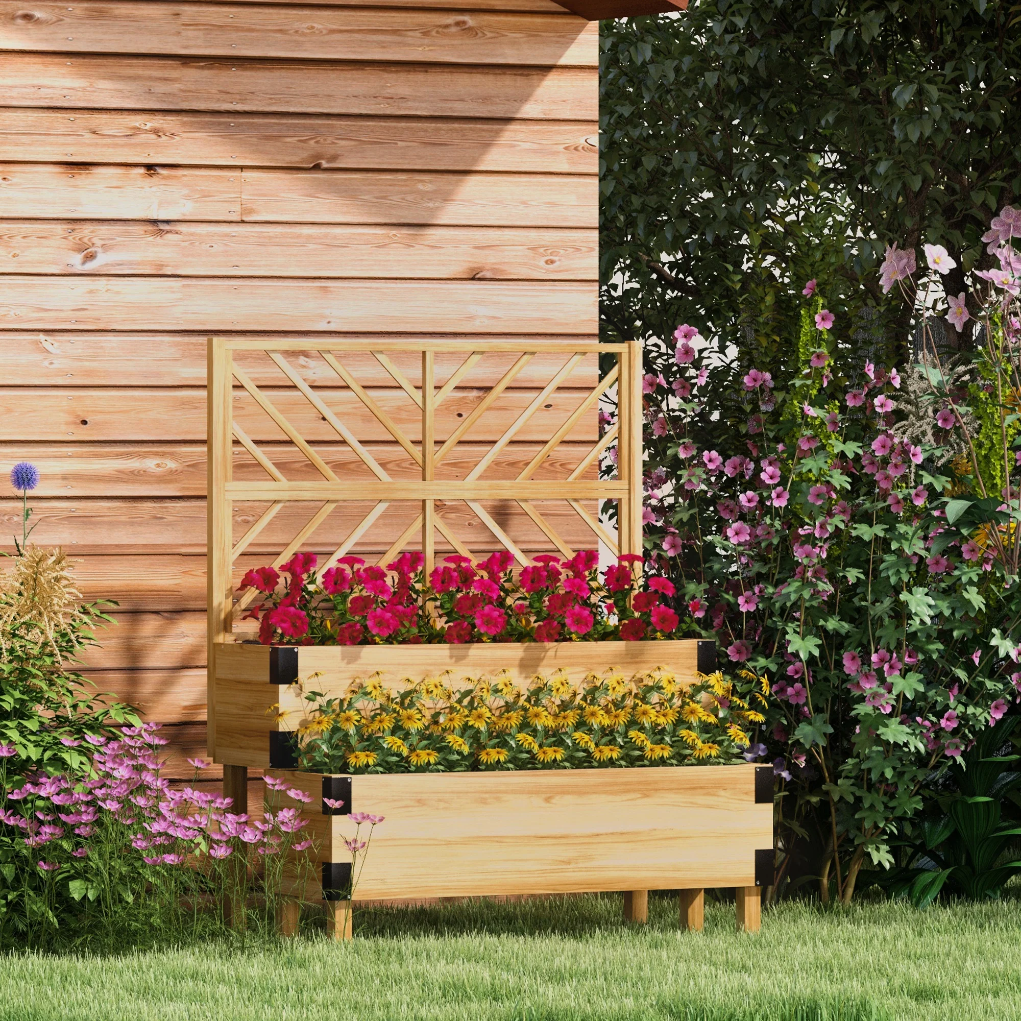 2-Tier Raised Garden Bed with Trellis & Metal Corners, Natural Wood - Image 4