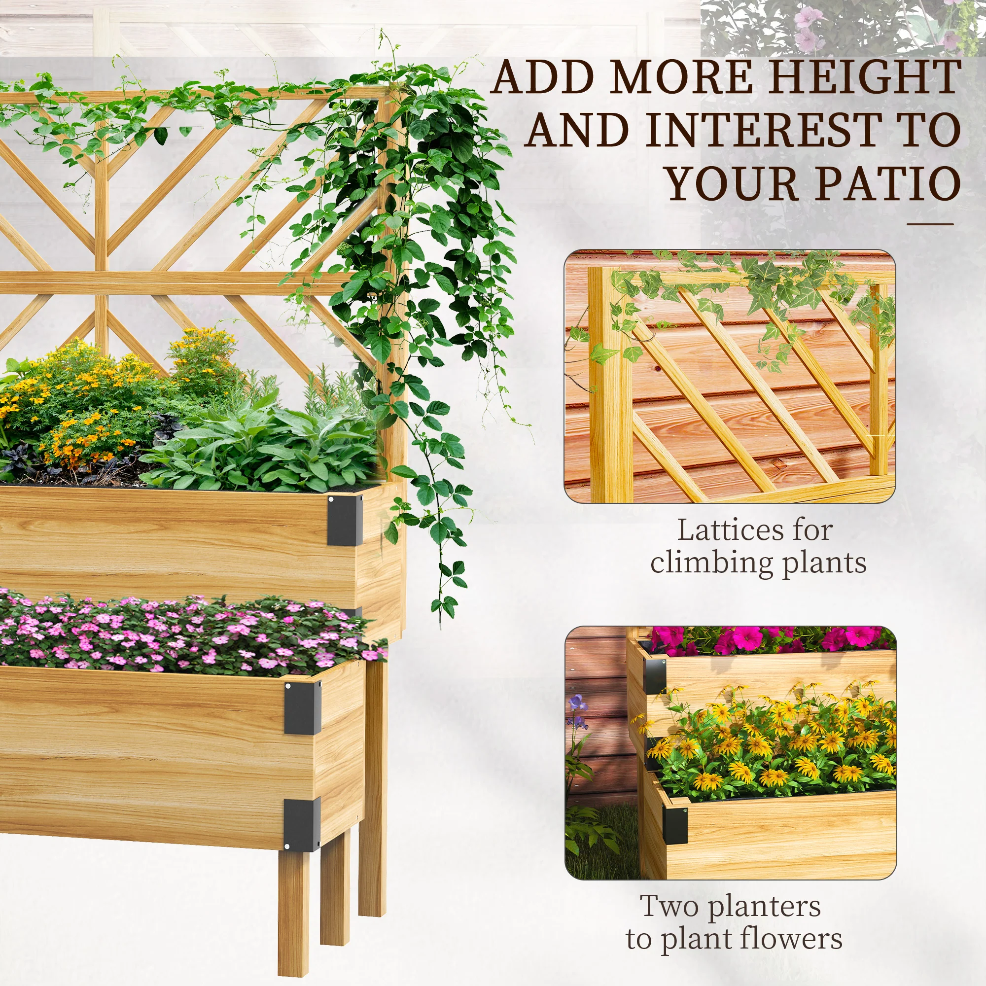2-Tier Raised Garden Bed with Trellis & Metal Corners, Natural Wood - Image 6