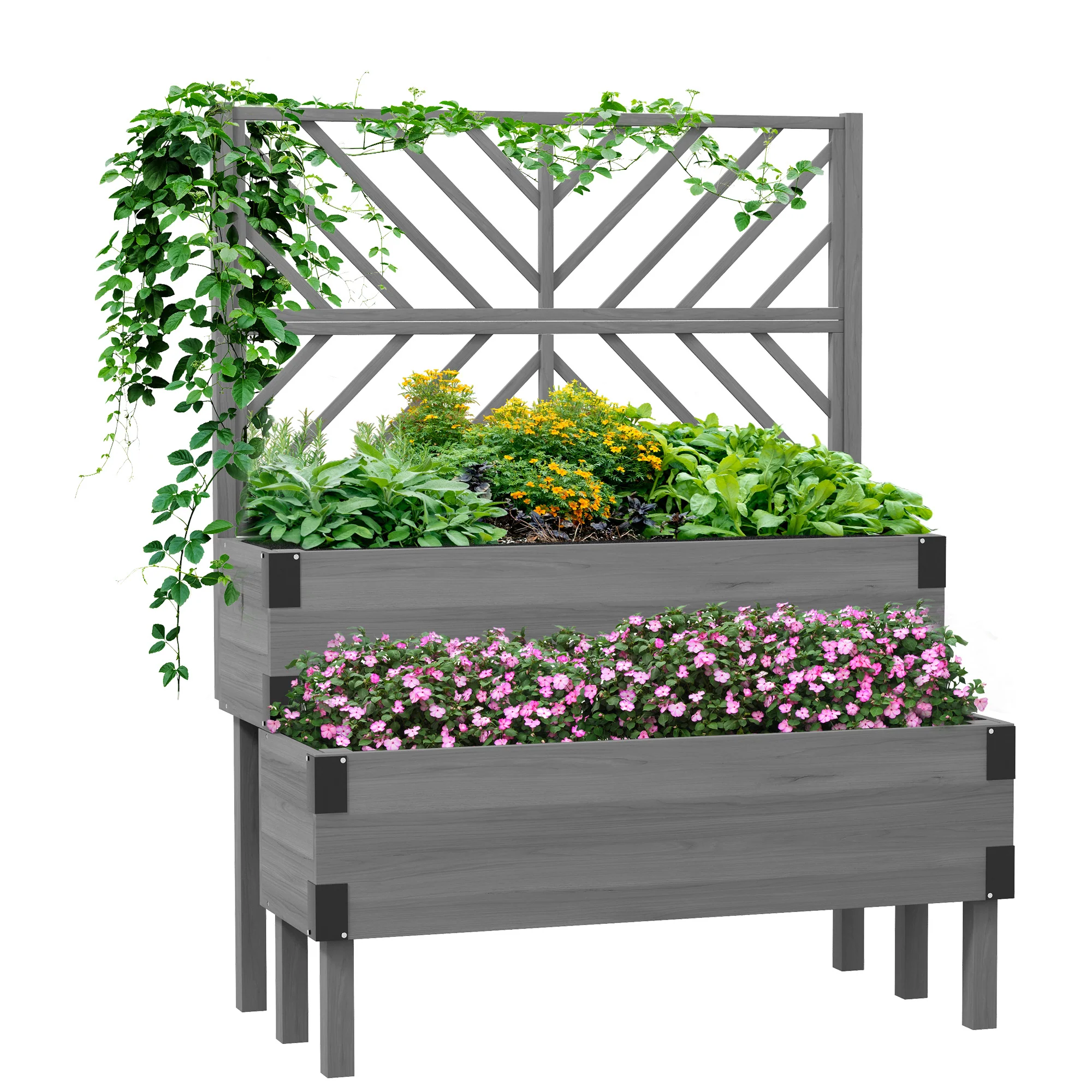 2-Tier Raised Garden Bed with Trellis & Metal Corners, Grey