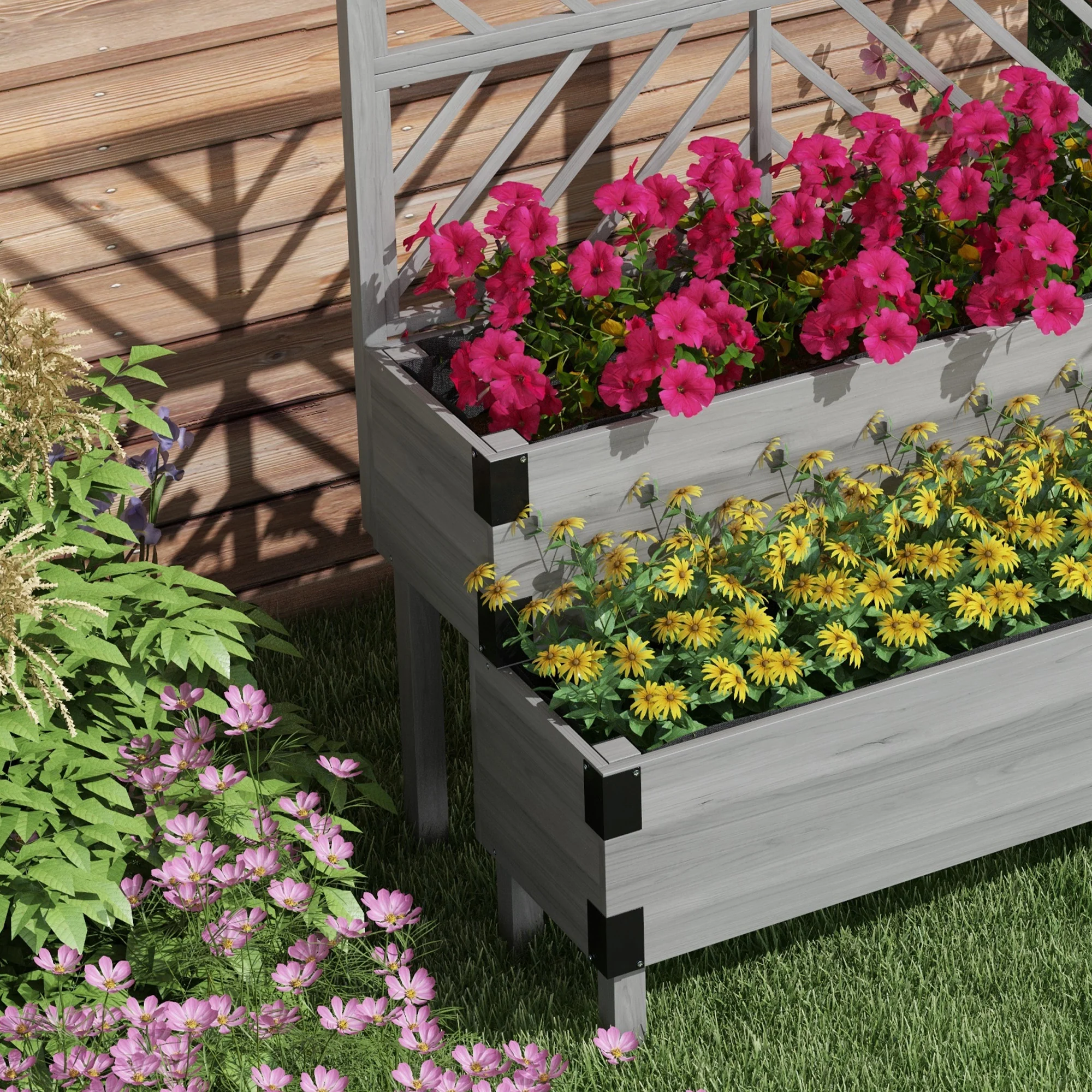 2-Tier Raised Garden Bed with Trellis & Metal Corners, Grey - Image 10