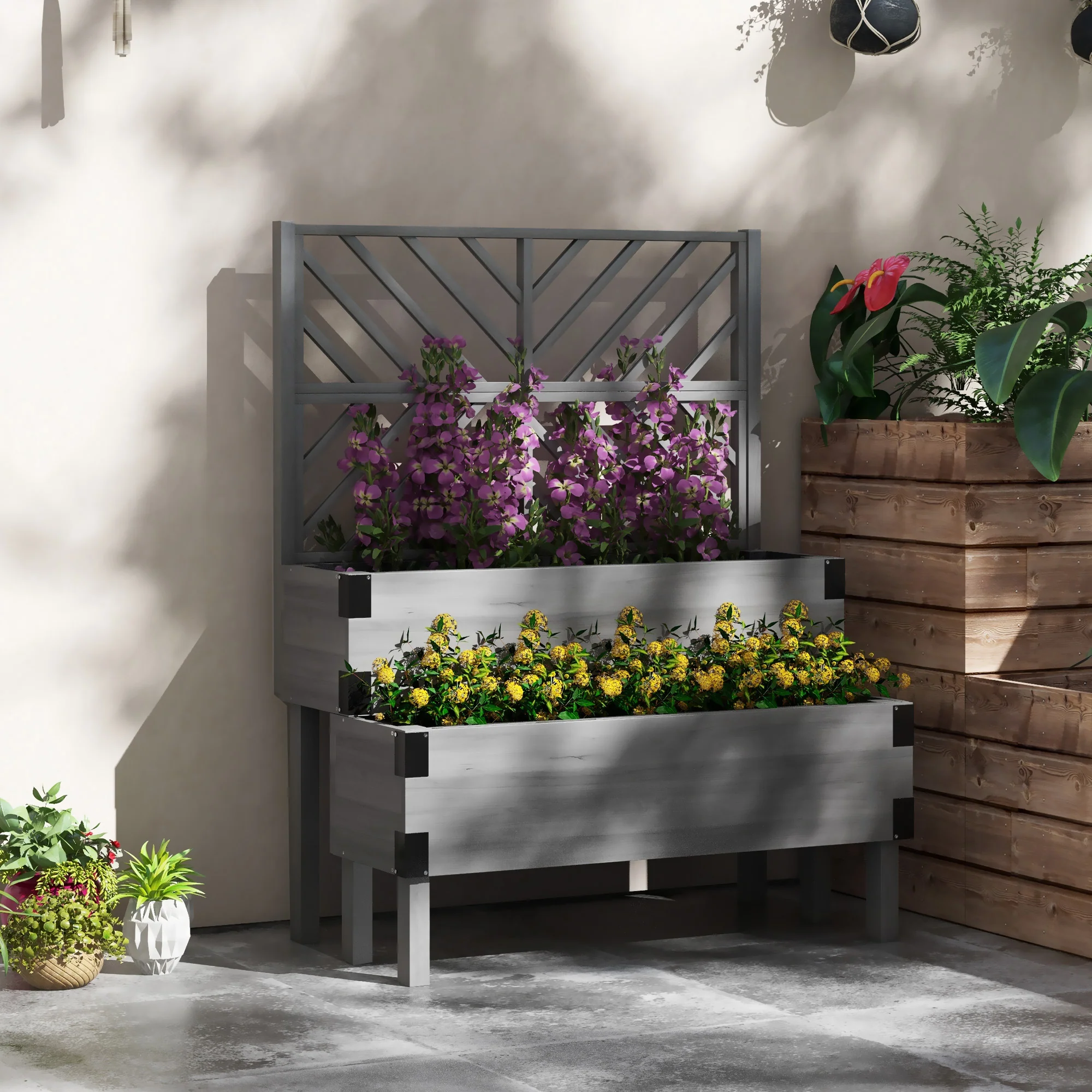 2-Tier Raised Garden Bed with Trellis & Metal Corners, Grey - Image 4