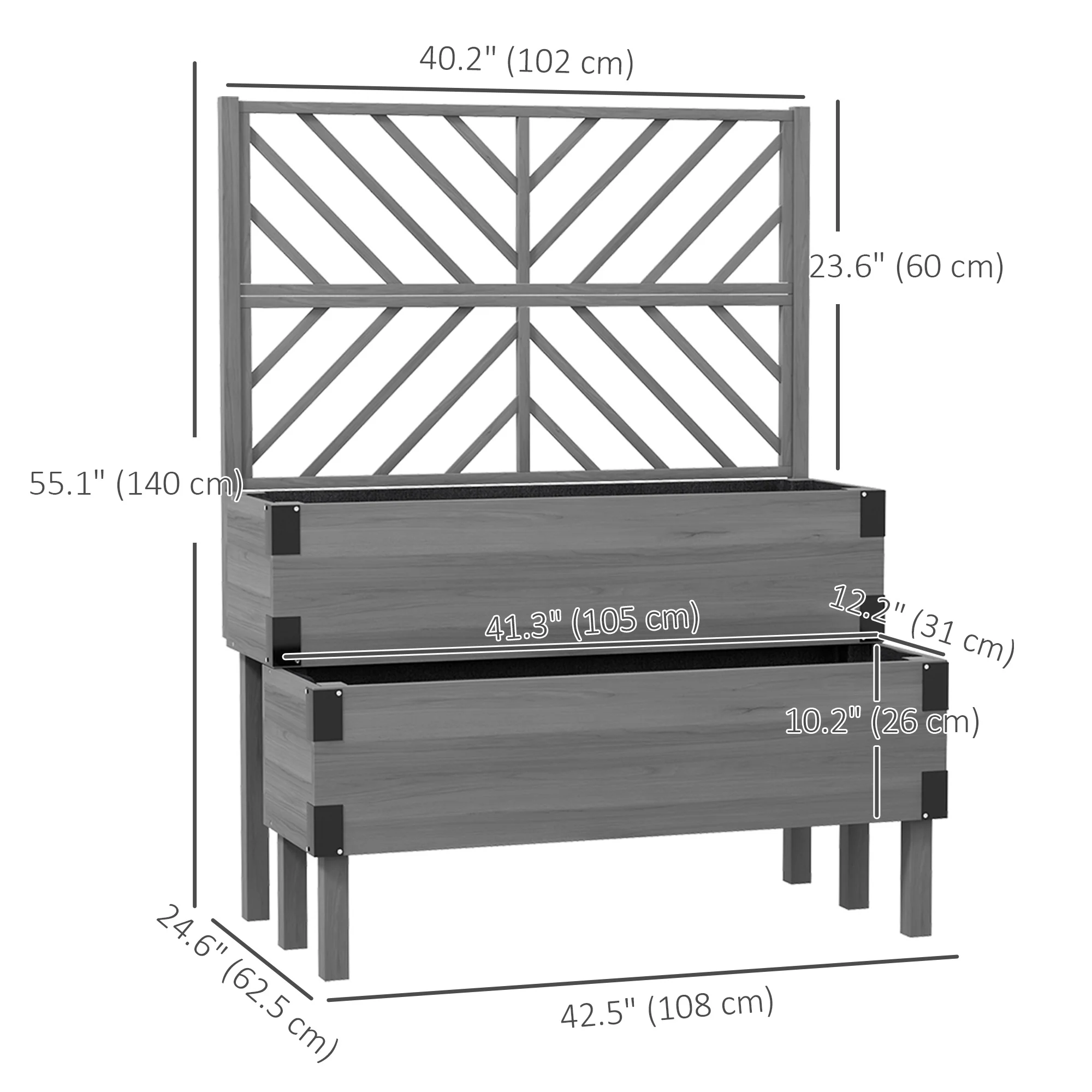 2-Tier Raised Garden Bed with Trellis & Metal Corners, Grey - Image 5