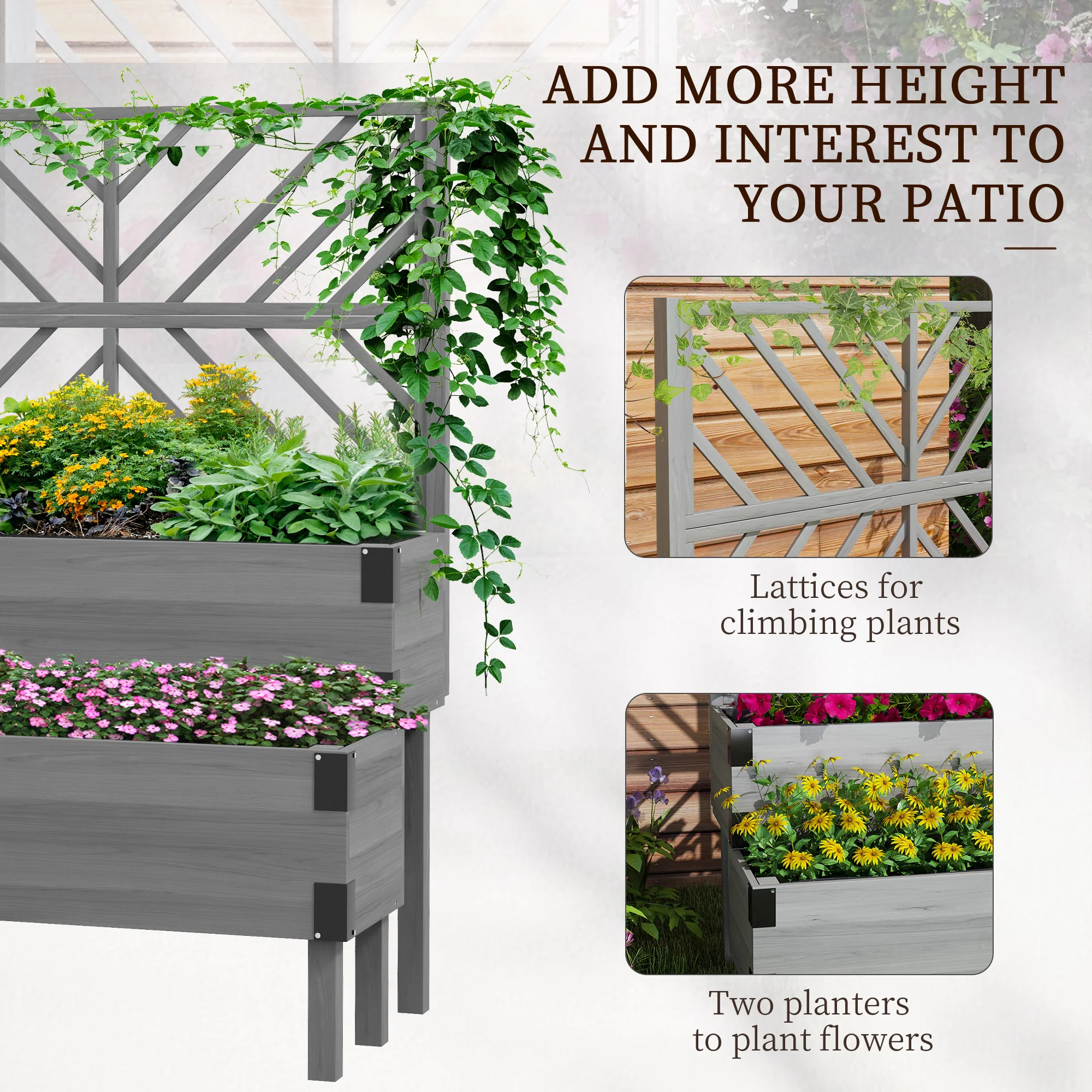 2-Tier Raised Garden Bed with Trellis & Metal Corners, Grey - Image 6