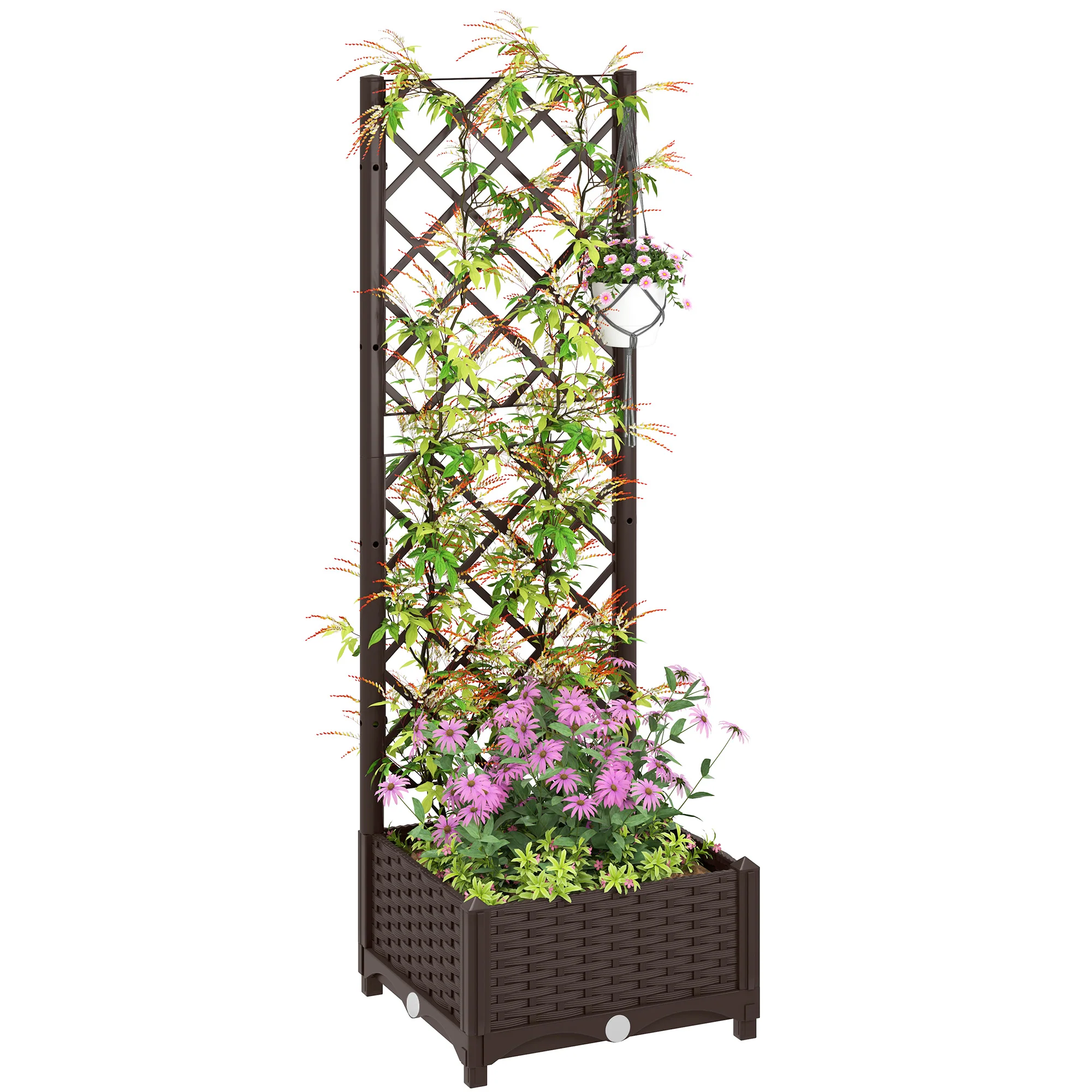 16" x 16" x 48" Plastic Raised Garden Bed with Trellis, Drainage Holes and Drain Plugs