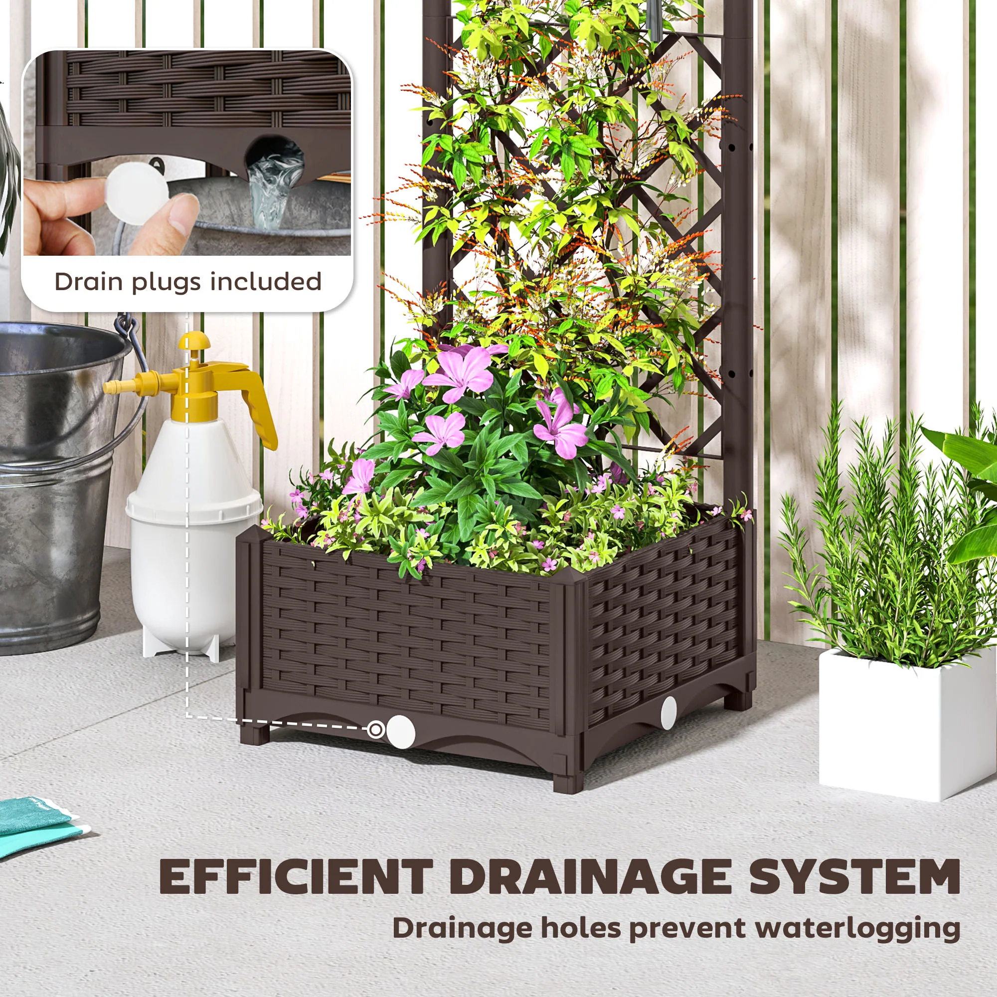 16" x 16" x 48" Plastic Raised Garden Bed with Trellis, Drainage Holes and Drain Plugs - Image 8
