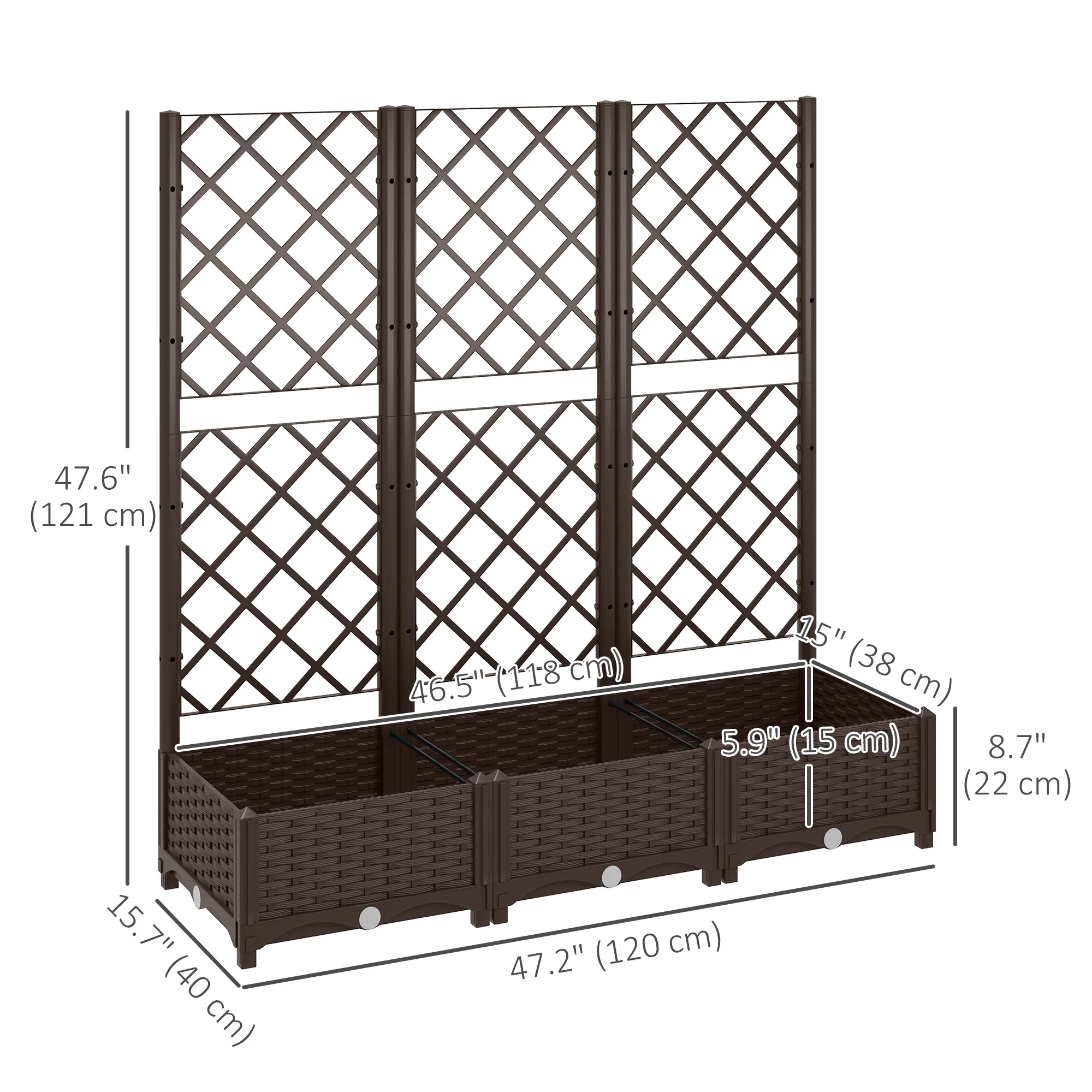 47" x 16" x 48" Plastic Raised Garden Bed with Trellis, Drainage Holes and Drain Plugs - Image 5