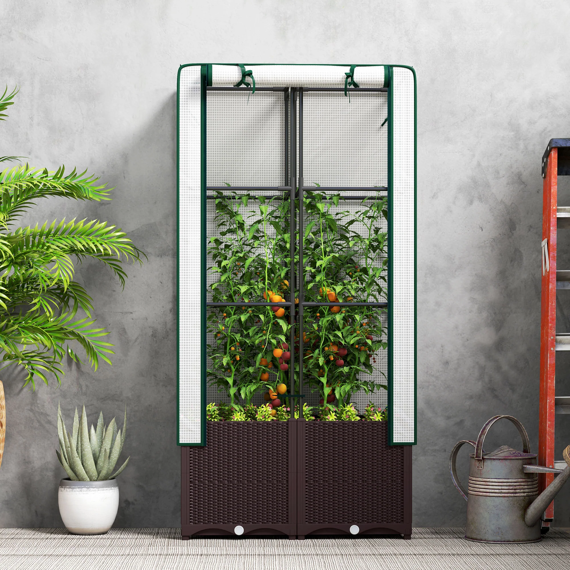 Raised Garden Bed with Trellis, Plastic Planter Box with PE Cover, Drainage Holes and Drain Plugs for Climbing Plants, Vegetables, Flowers, 80 x 40 x 140 cm - Image 10