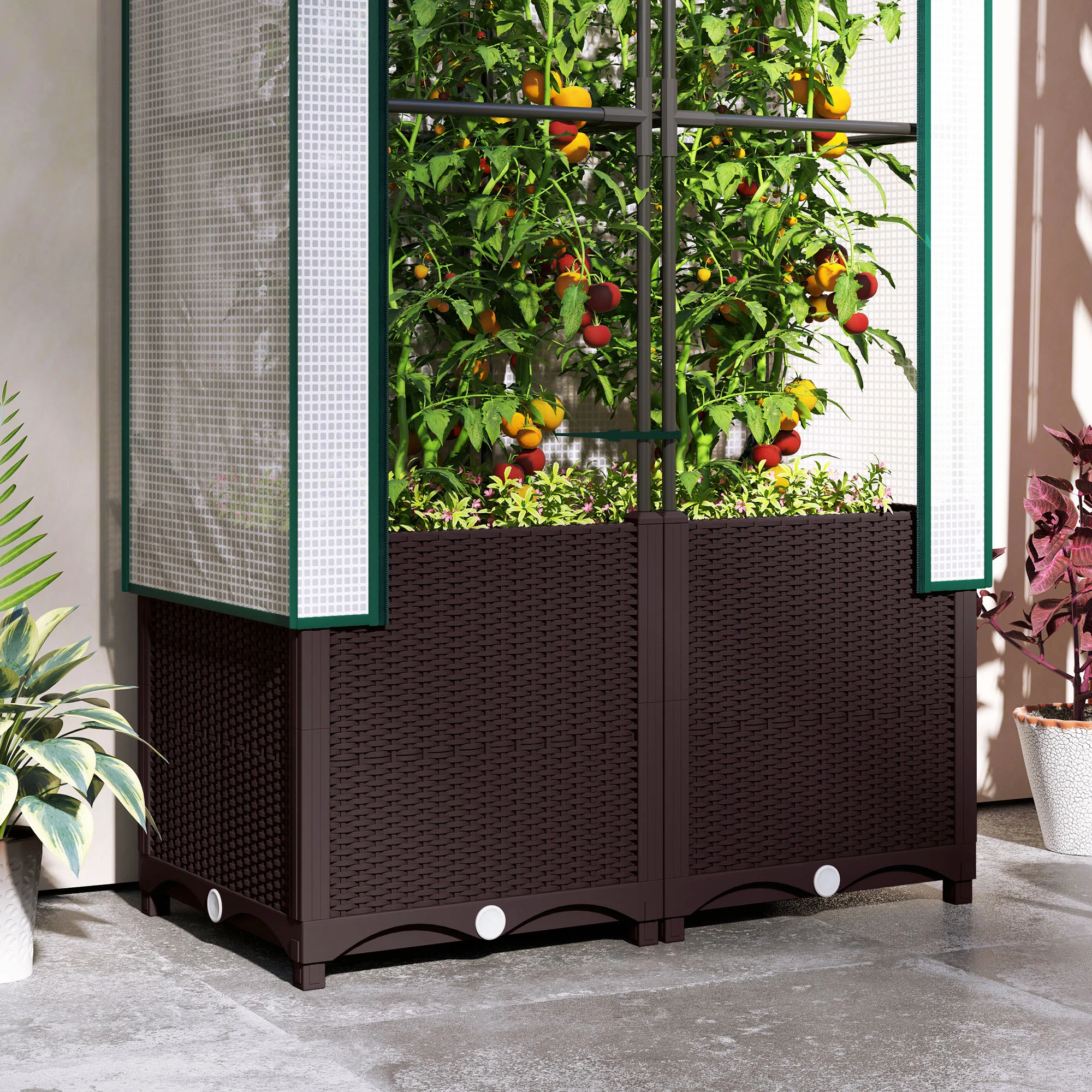 Raised Garden Bed with Trellis, Plastic Planter Box with PE Cover, Drainage Holes and Drain Plugs for Climbing Plants, Vegetables, Flowers, 80 x 40 x 140 cm - Image 11