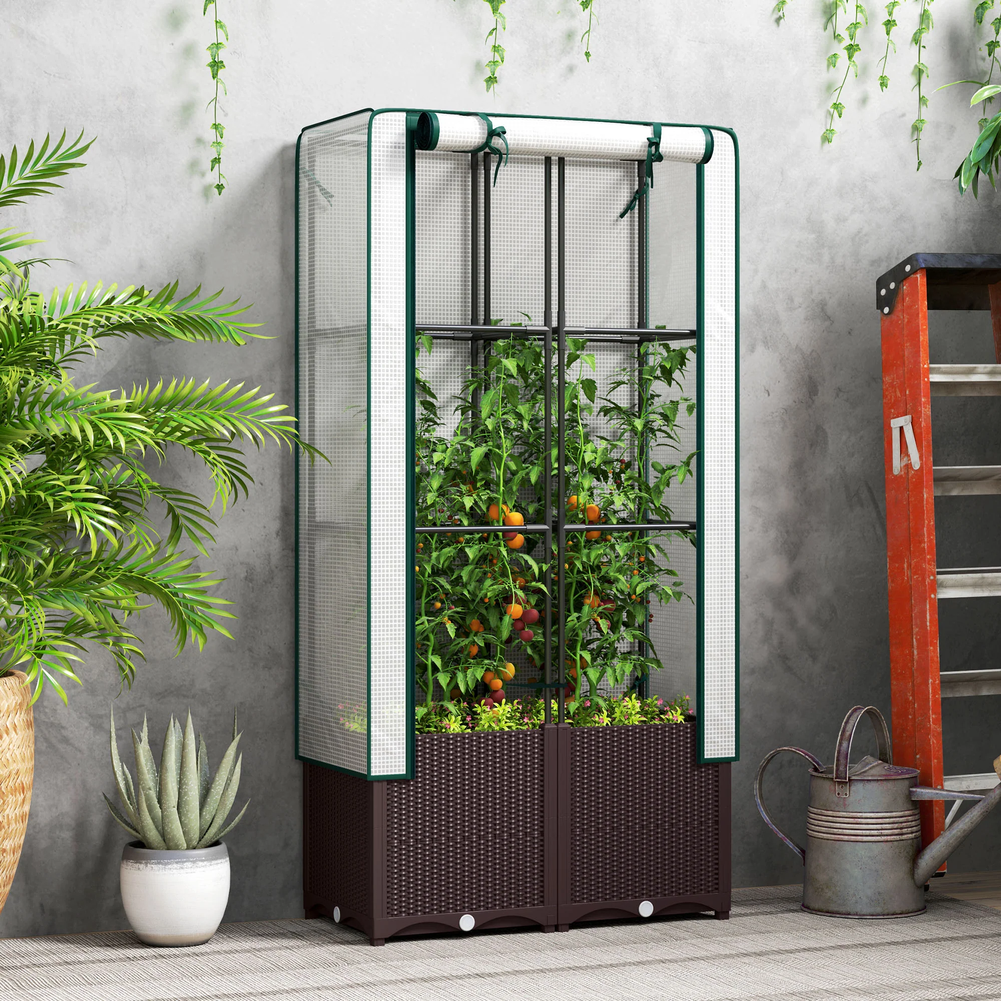 Raised Garden Bed with Trellis, Plastic Planter Box with PE Cover, Drainage Holes and Drain Plugs for Climbing Plants, Vegetables, Flowers, 80 x 40 x 140 cm - Image 3