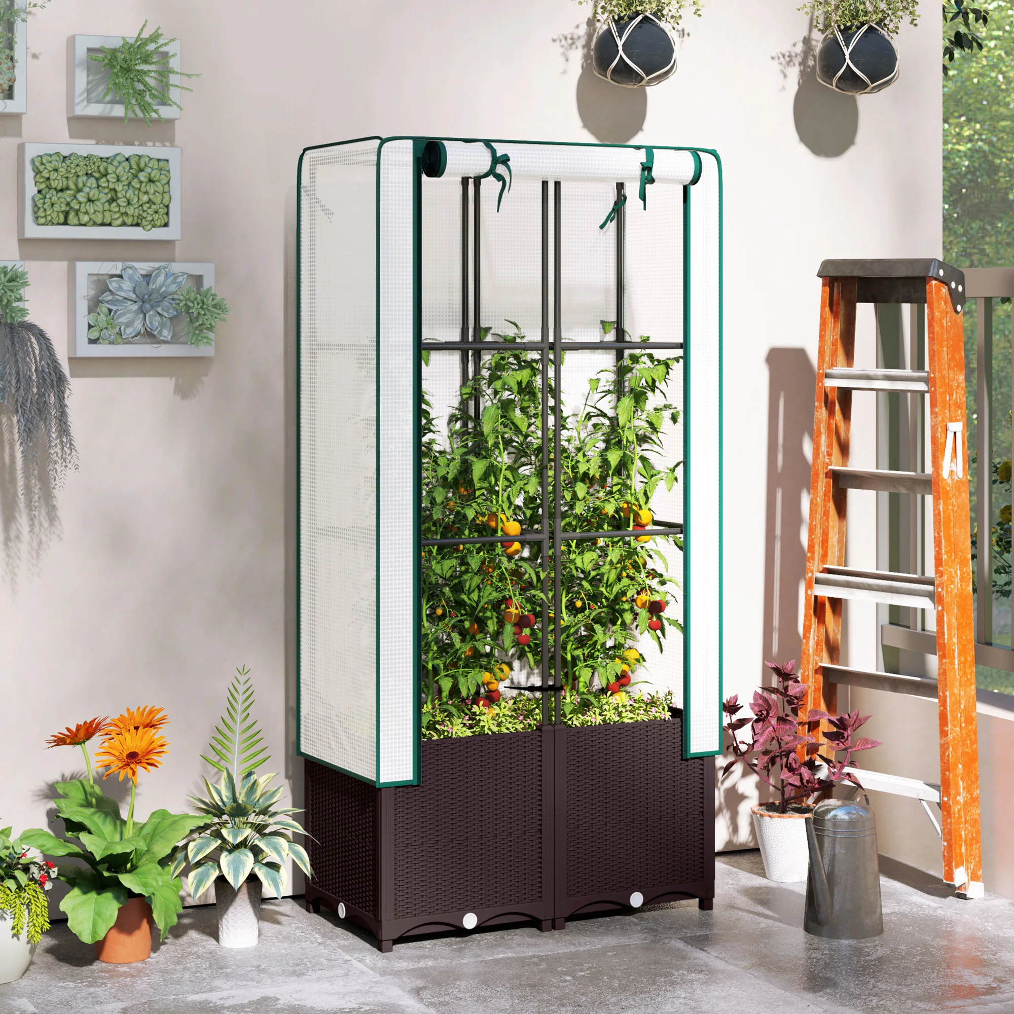 Raised Garden Bed with Trellis, Plastic Planter Box with PE Cover, Drainage Holes and Drain Plugs for Climbing Plants, Vegetables, Flowers, 80 x 40 x 140 cm - Image 4