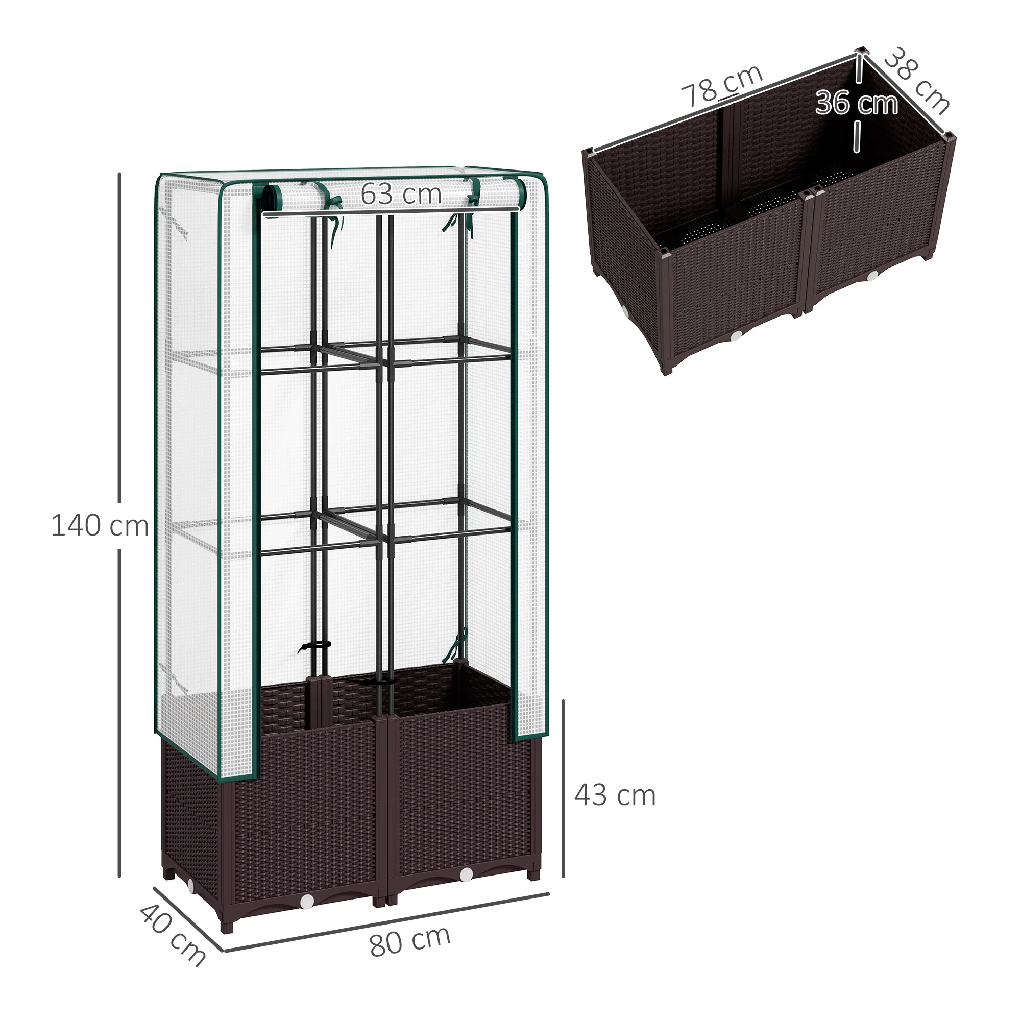 Raised Garden Bed with Trellis, Plastic Planter Box with PE Cover, Drainage Holes and Drain Plugs for Climbing Plants, Vegetables, Flowers, 80 x 40 x 140 cm - Image 5